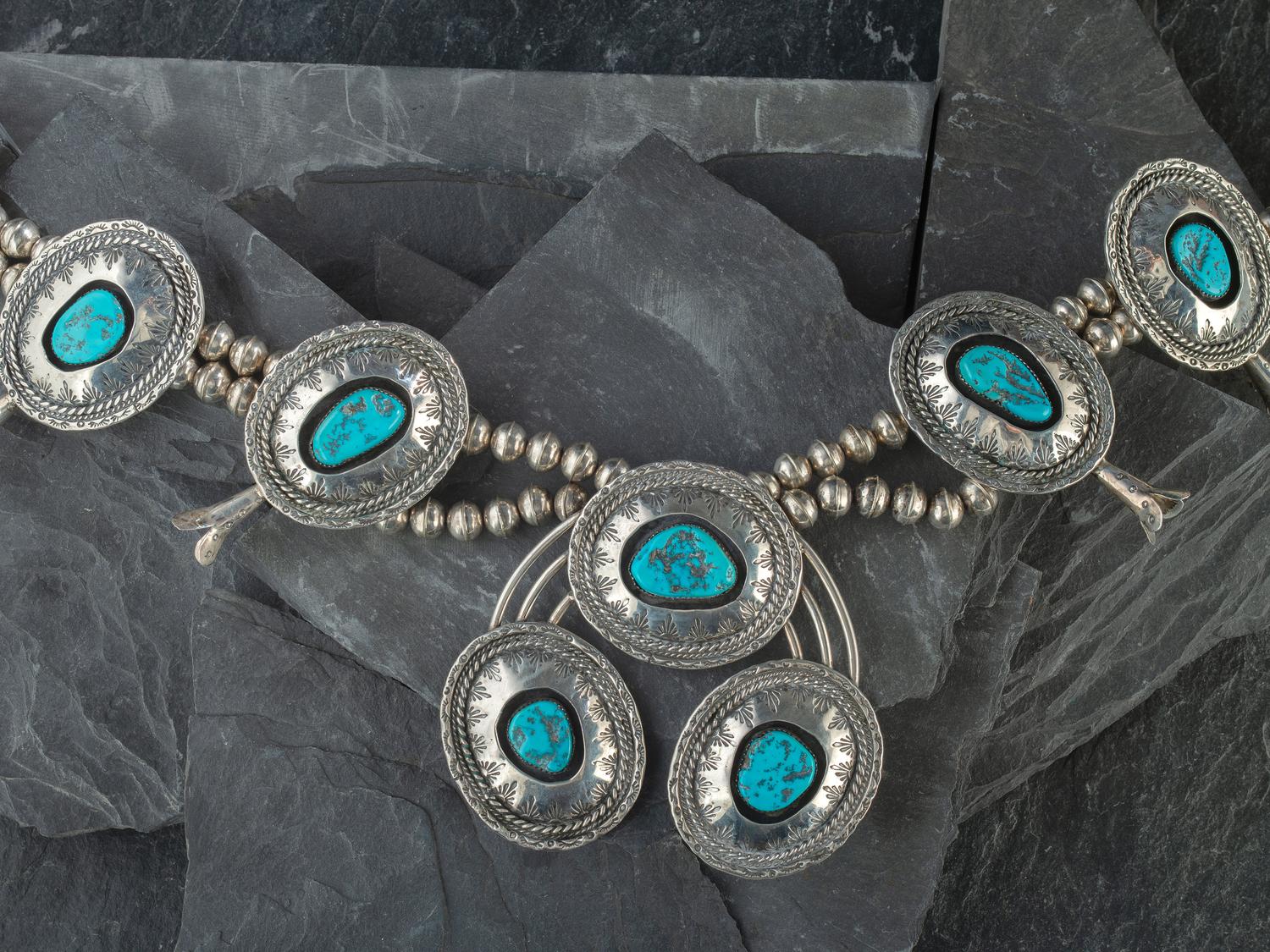 Large Navajo Shadowbox Silver and Turquoise Squash Blossom Necklace