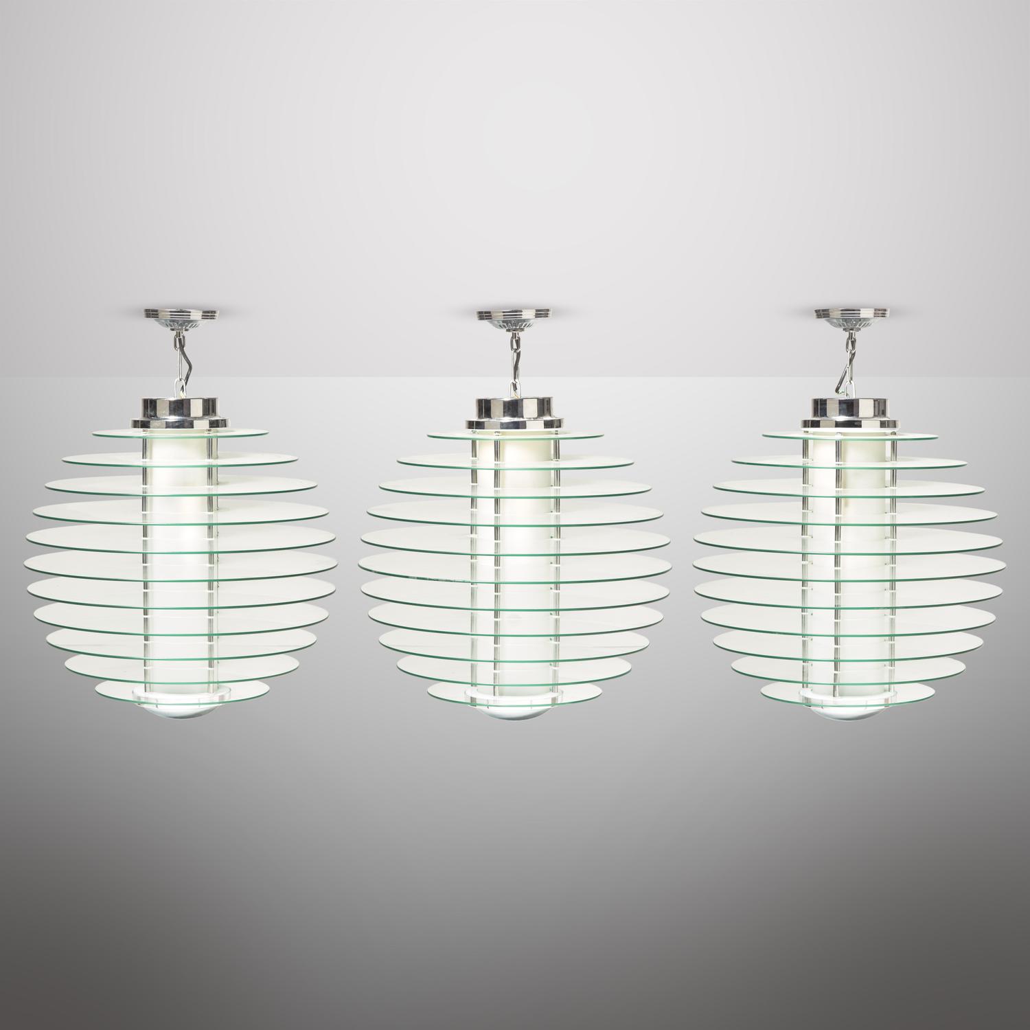 Three hanging lamps, model 0024, designed 1933, present lot c. 2000 Fontana Arte, Italy