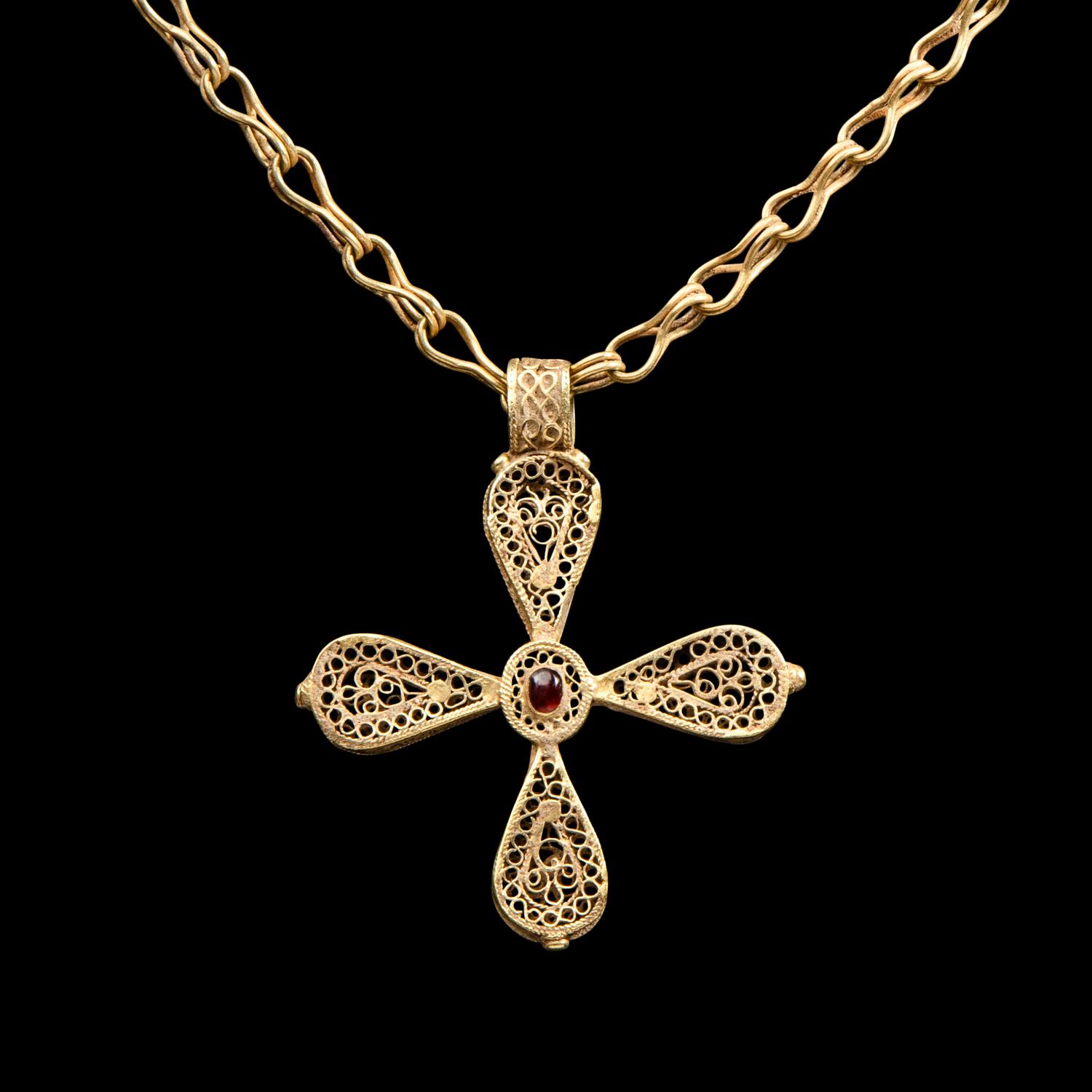 A Byzantine Gold and Garnet Cross Necklace