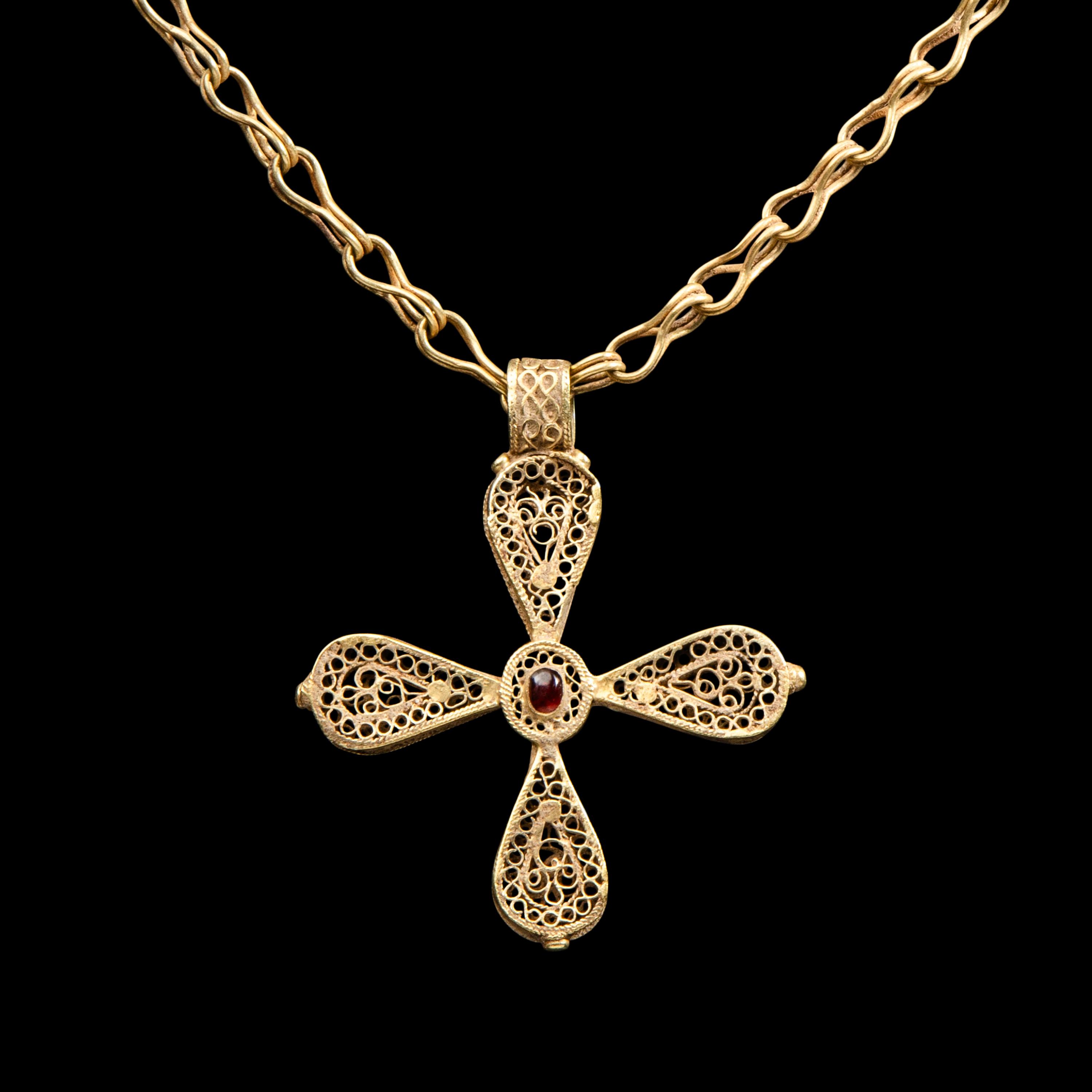 A Byzantine Gold and Garnet Cross Necklace