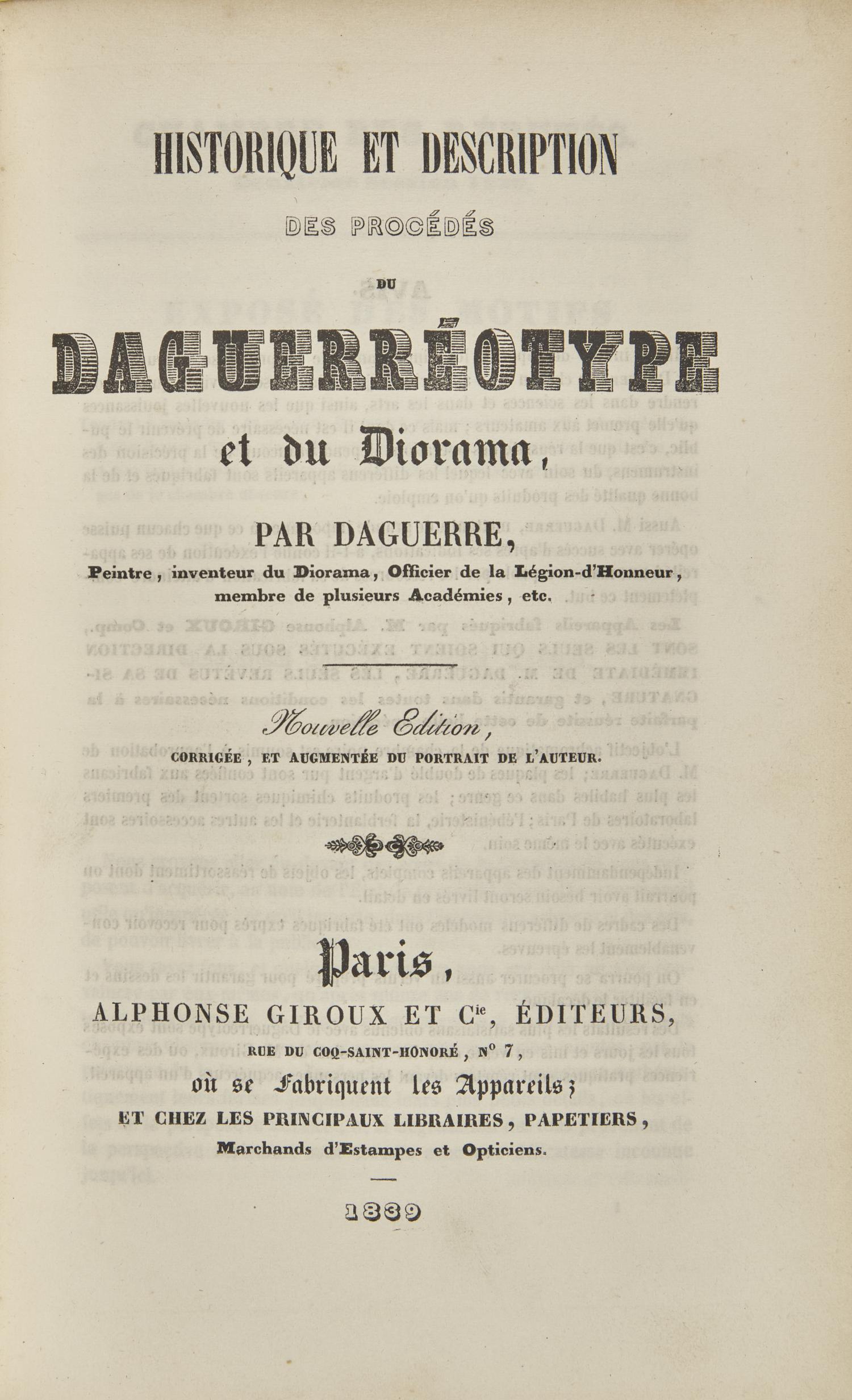 [Photography] Daguerre, (Louis Jacques Mande). Historique et Description des Procedes du Daguerreotype et du Diorama