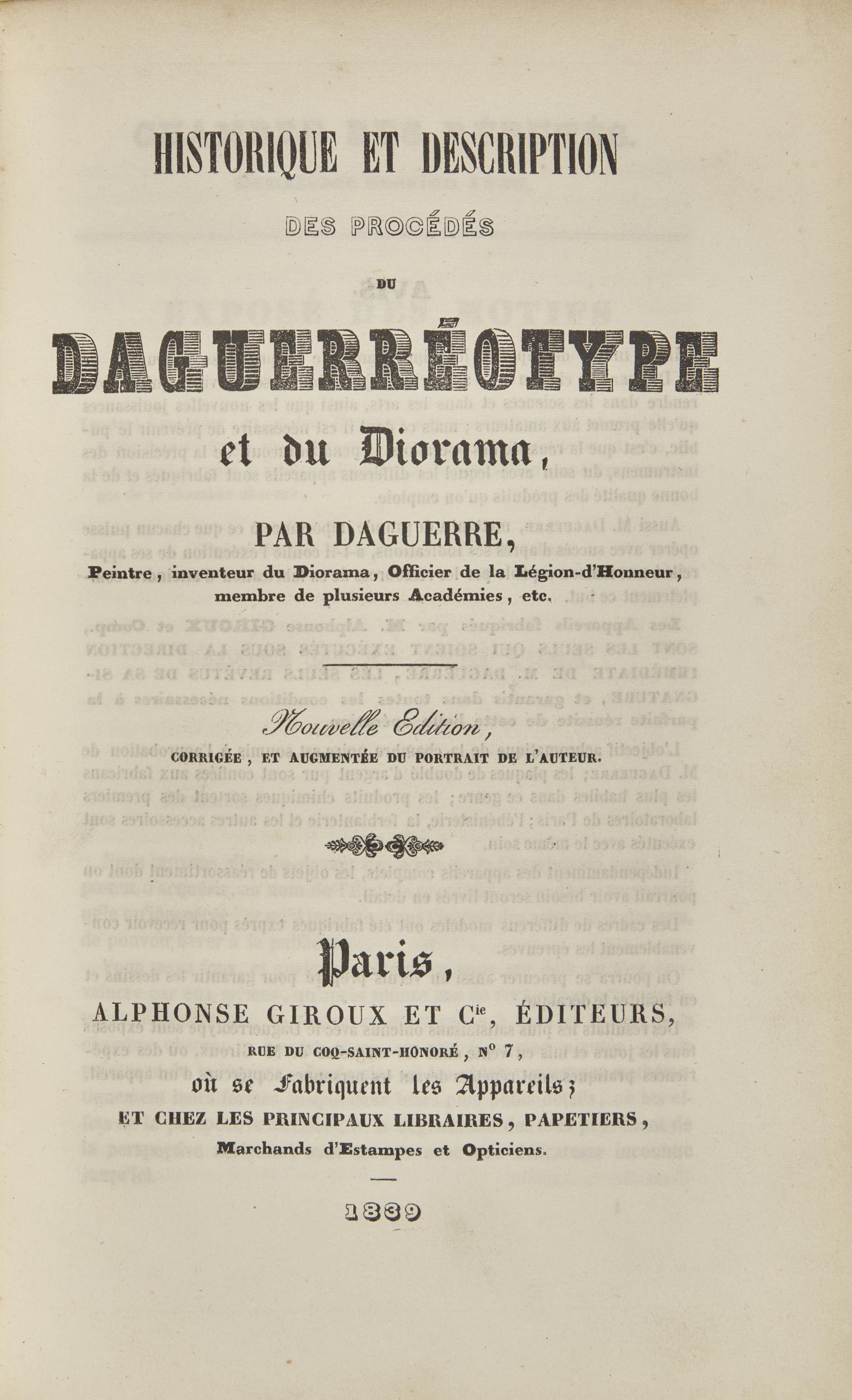 [Photography] Daguerre, (Louis Jacques Mande). Historique et Description des Procedes du Daguerreotype et du Diorama