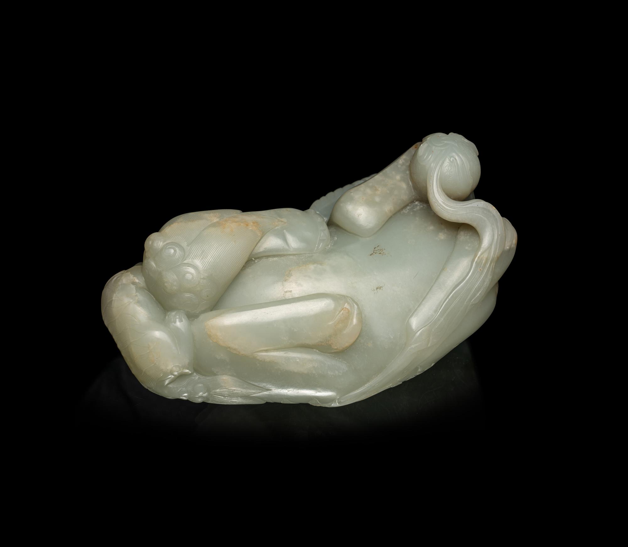 A Large Pale Celadon Jade Figure of a Fu Lion and Cub