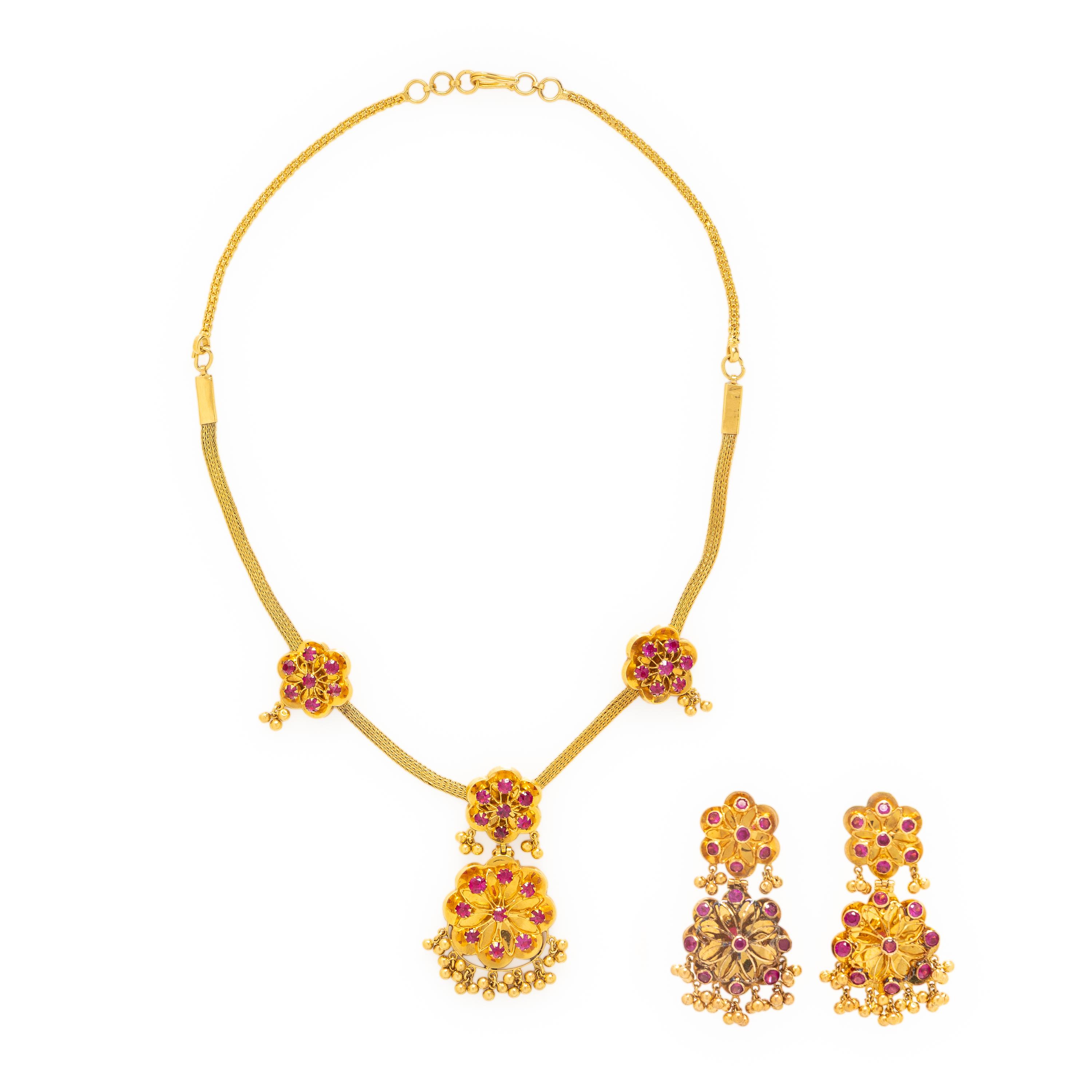 Synthetic Ruby and High-Karat Yellow Gold Earrings and Necklace