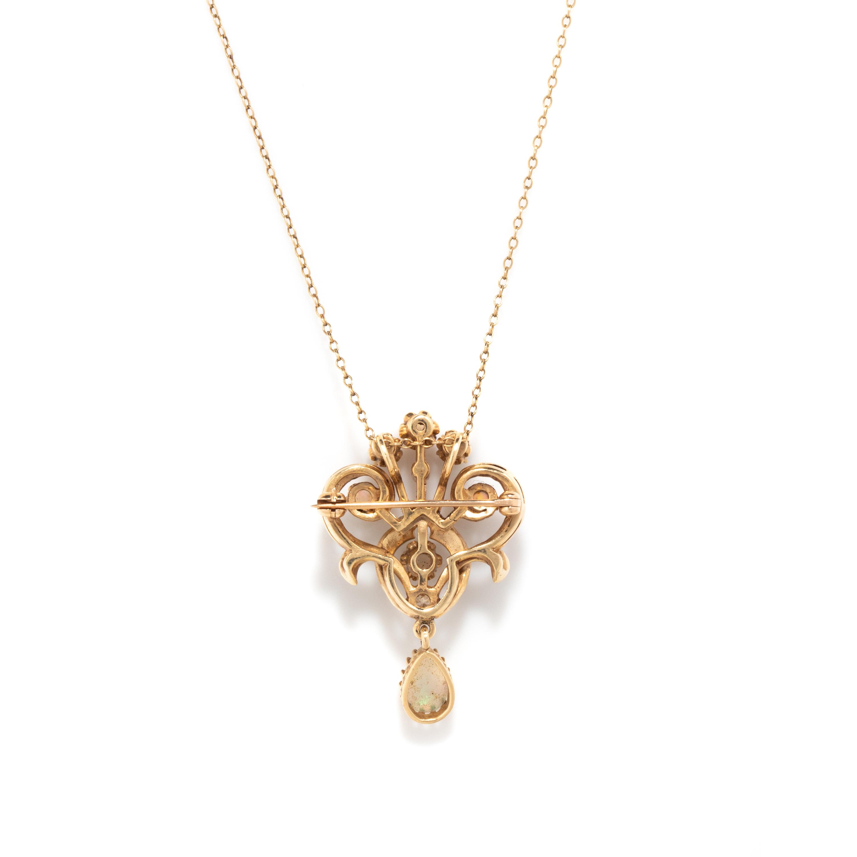 OPAL, DIAMOND, AND SEED PEARL BROOCH/PENDANT