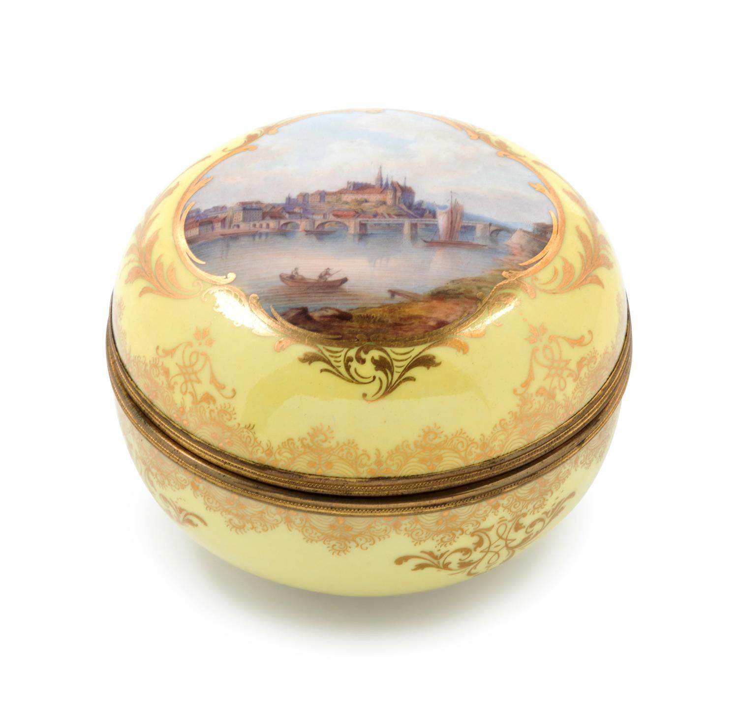 A Meissen Gilt Metal Mounted Painted and Parcel Gilt Yellow-Ground Porcelain Box