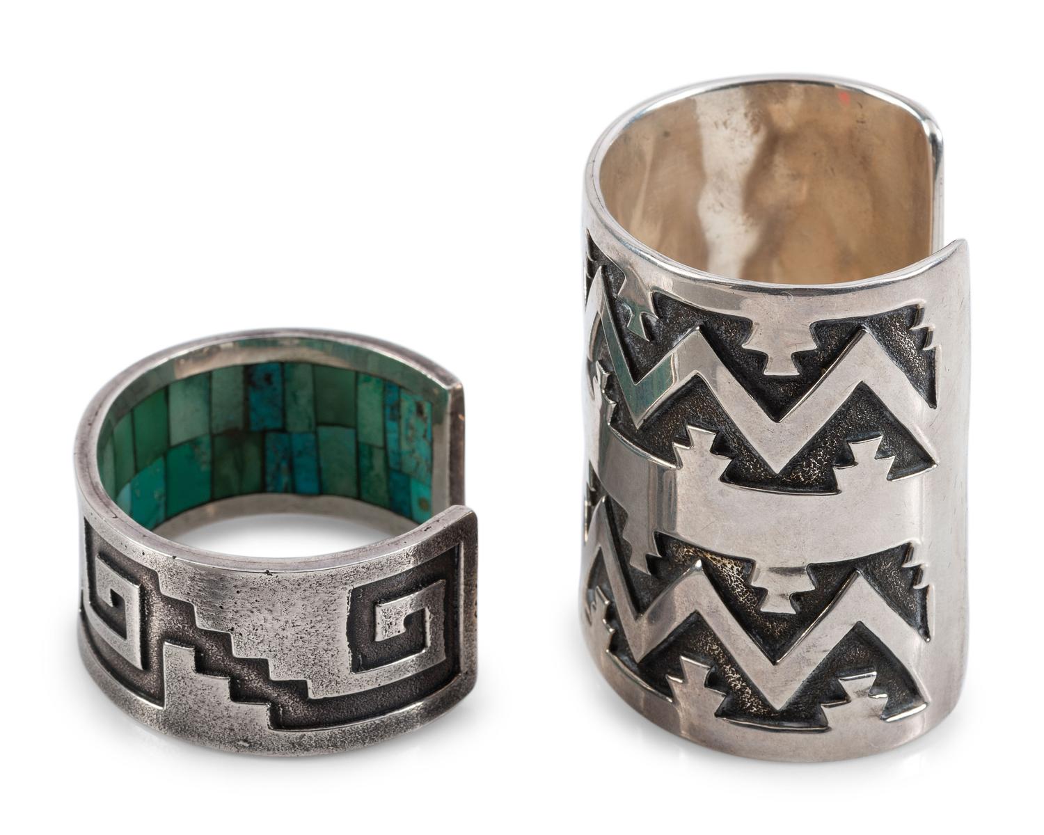 Navajo Cast Silver Cuff Bracelets, with Geometric Designs