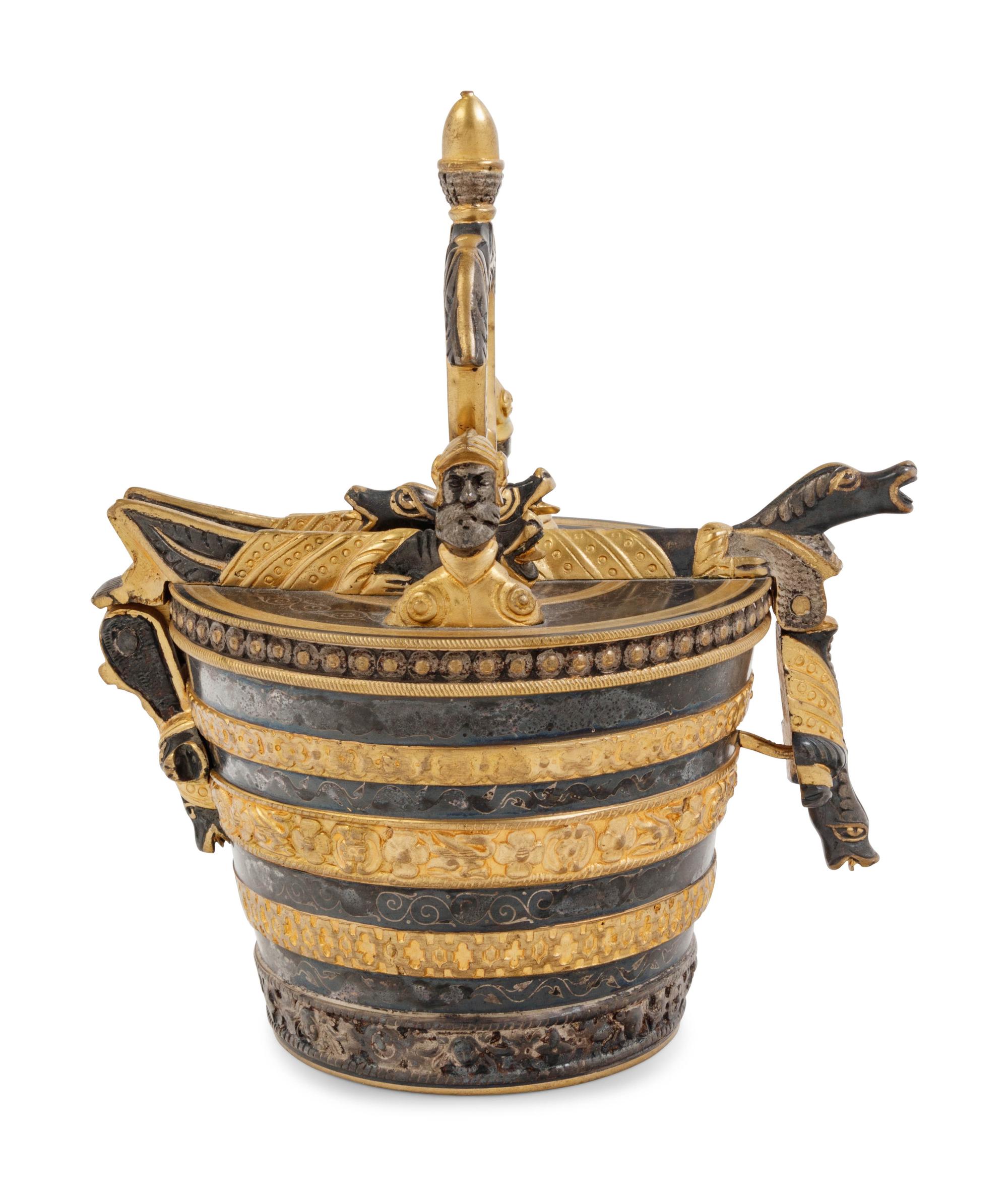 A Continental Gilt and Patinated Bronze Pail-Form Box
