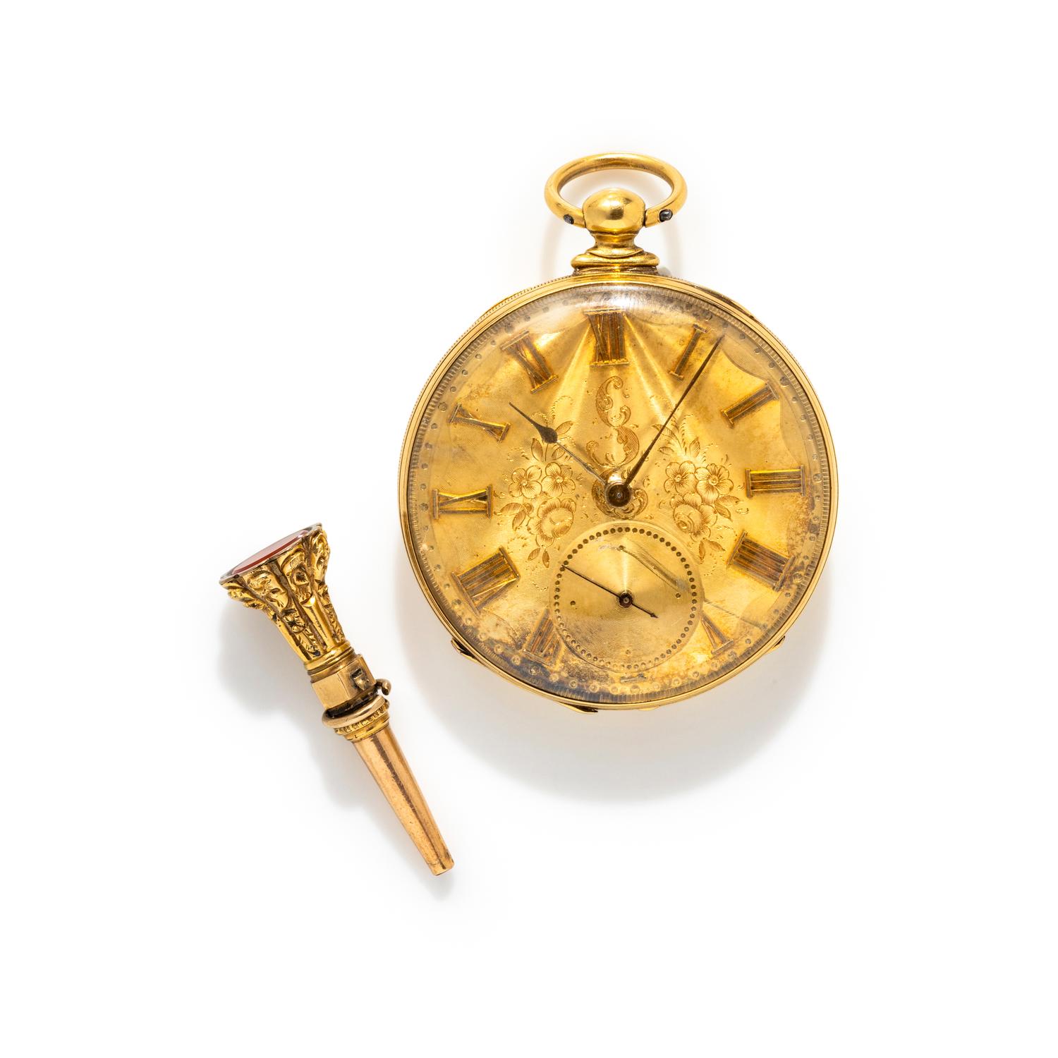 ANTIQUE, YELLOW GOLD POCKET WATCH WITH KEY