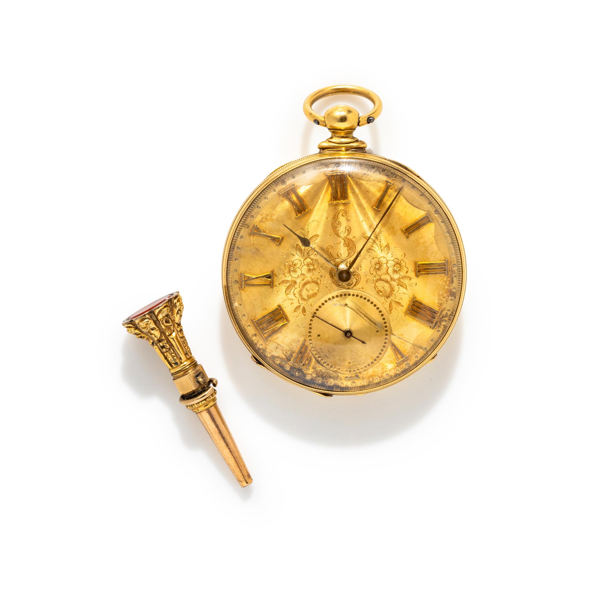 ANTIQUE, YELLOW GOLD POCKET WATCH WITH KEY