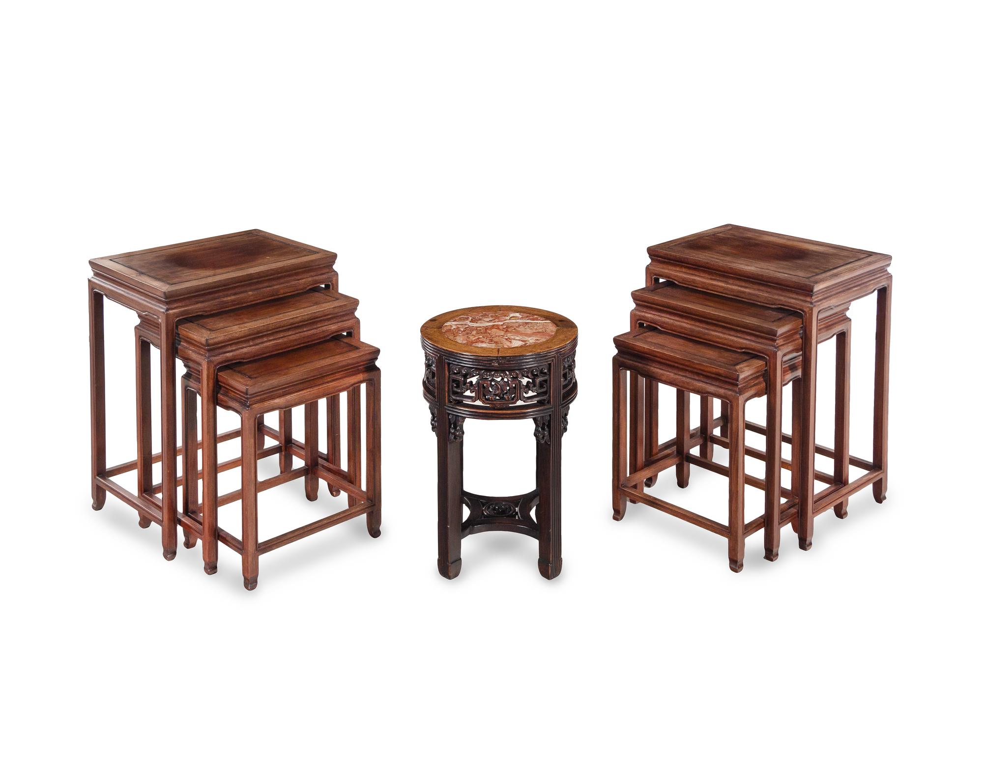 Two Sets of Chinese Hardwood Nesting Tables, together with a Chinese Export Marble Inset Hardwood Table