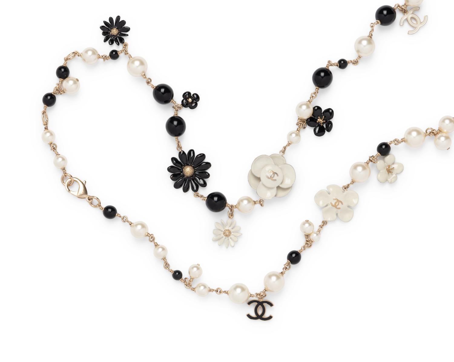 Chanel Faux Pearl and Black Bead Necklace with Flowers, 2013