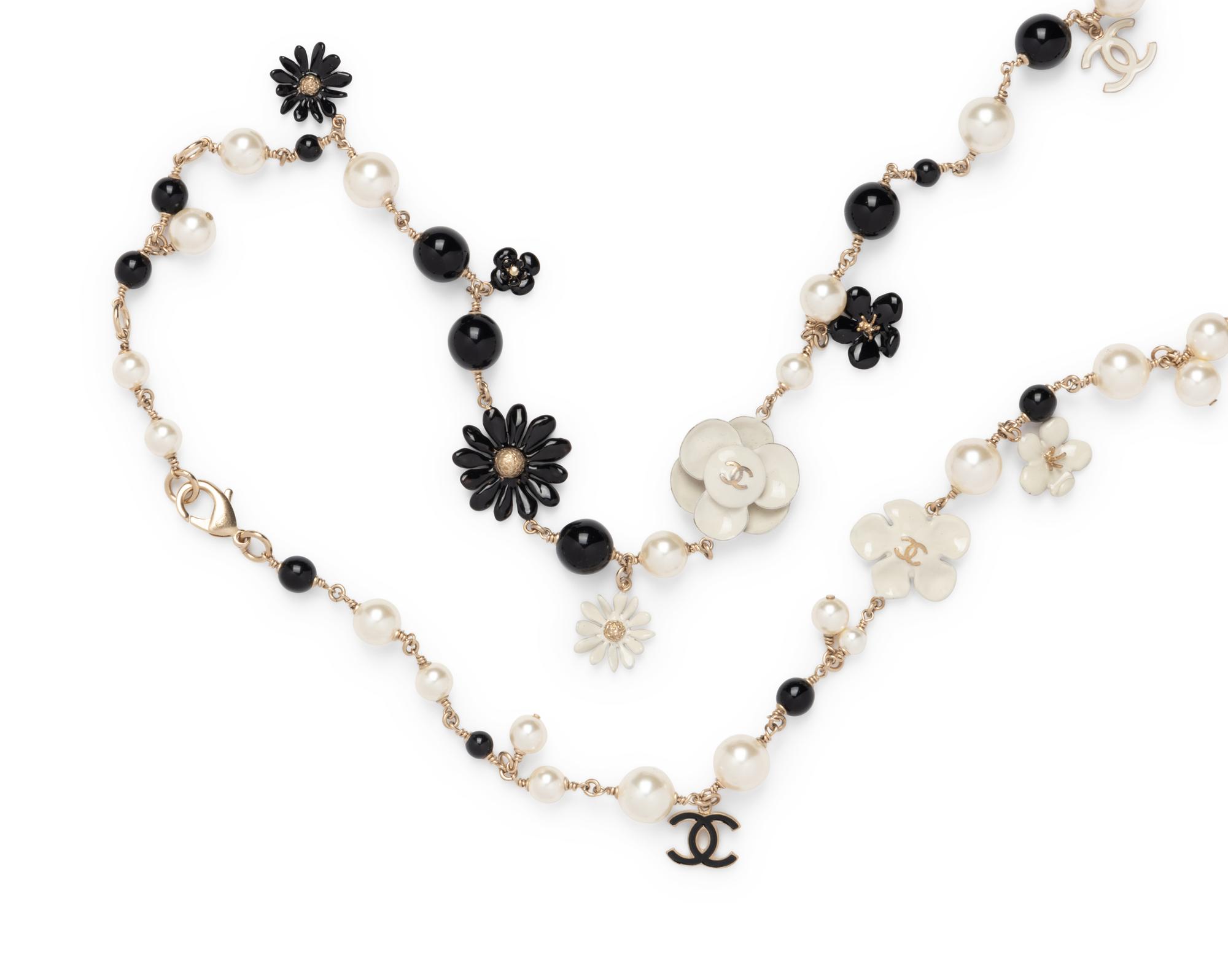 Chanel Faux Pearl and Black Bead Necklace with Flowers, 2013