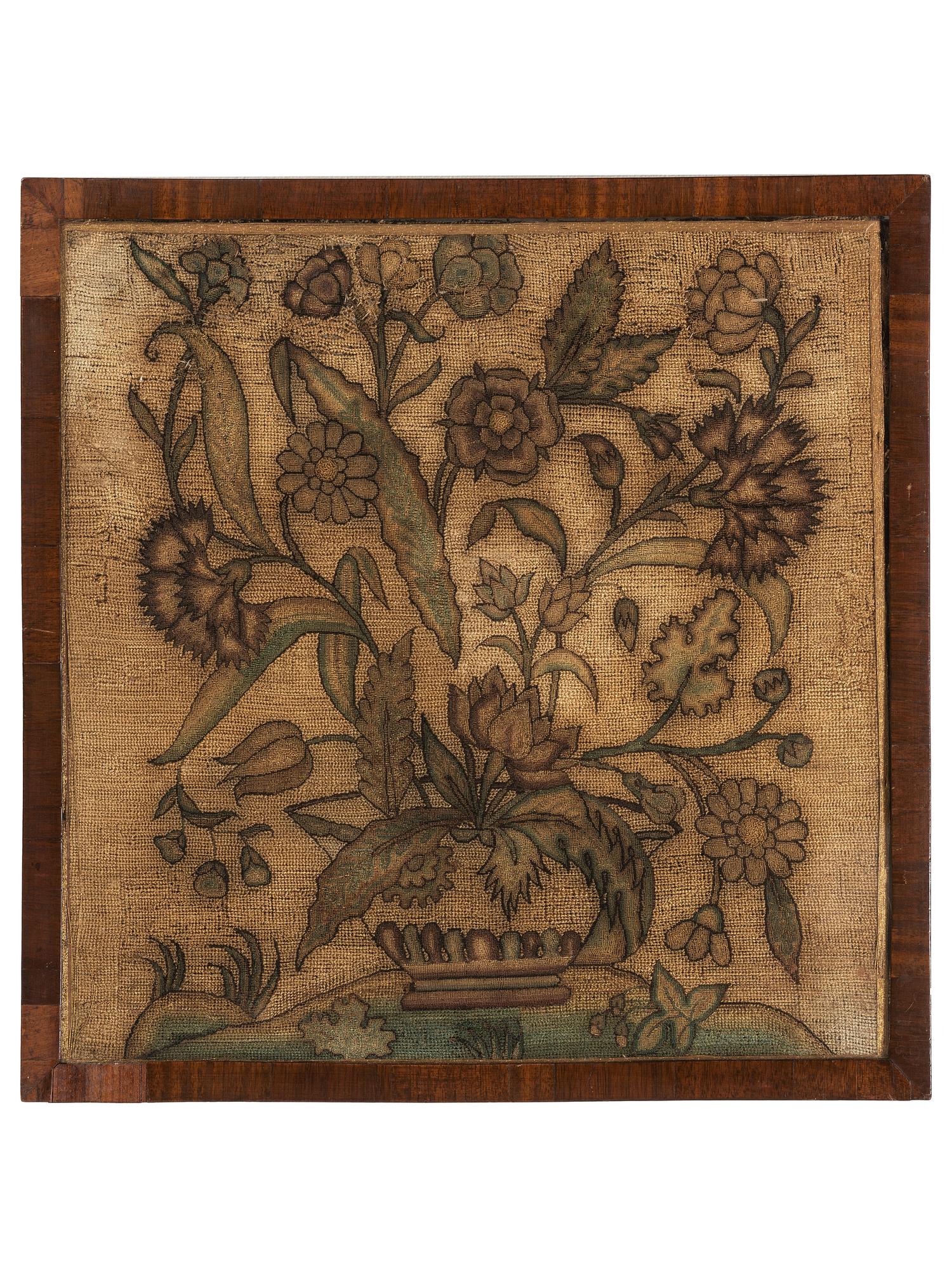 A Needlework Embroidered Picture of a Basket of Flowers