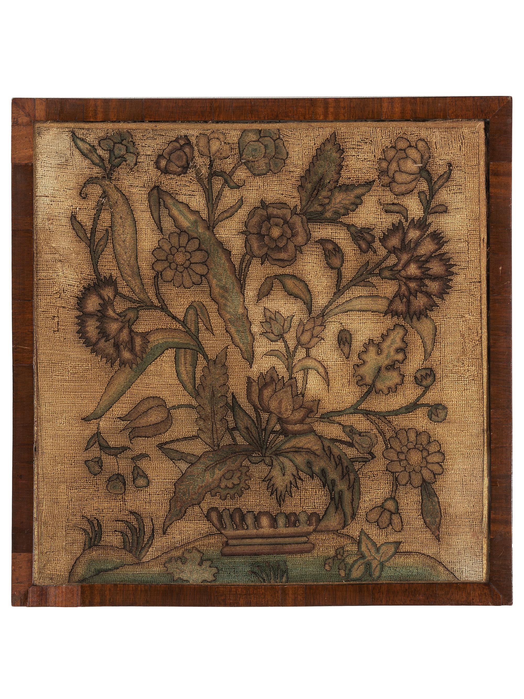 A Needlework Embroidered Picture of a Basket of Flowers