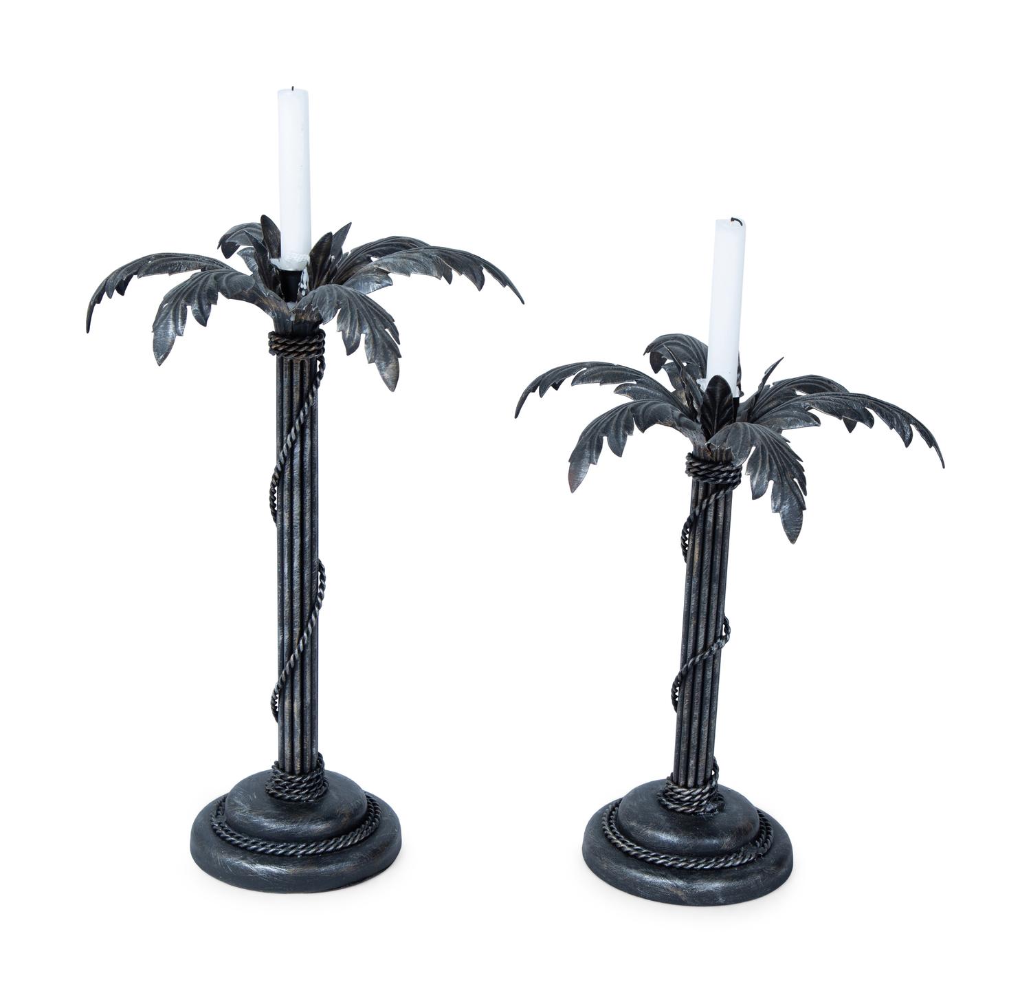 Two Matching Silvered Metal Palm Tree-form Candlesticks — 20TH CENTURY