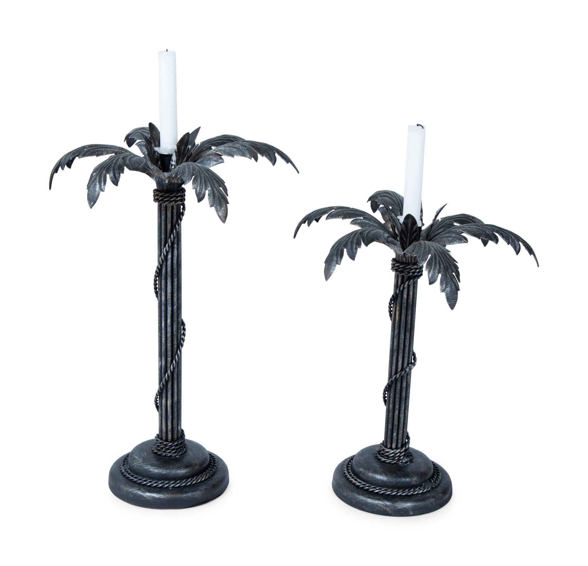 Two Matching Silvered Metal Palm Tree-form Candlesticks — 20TH CENTURY
