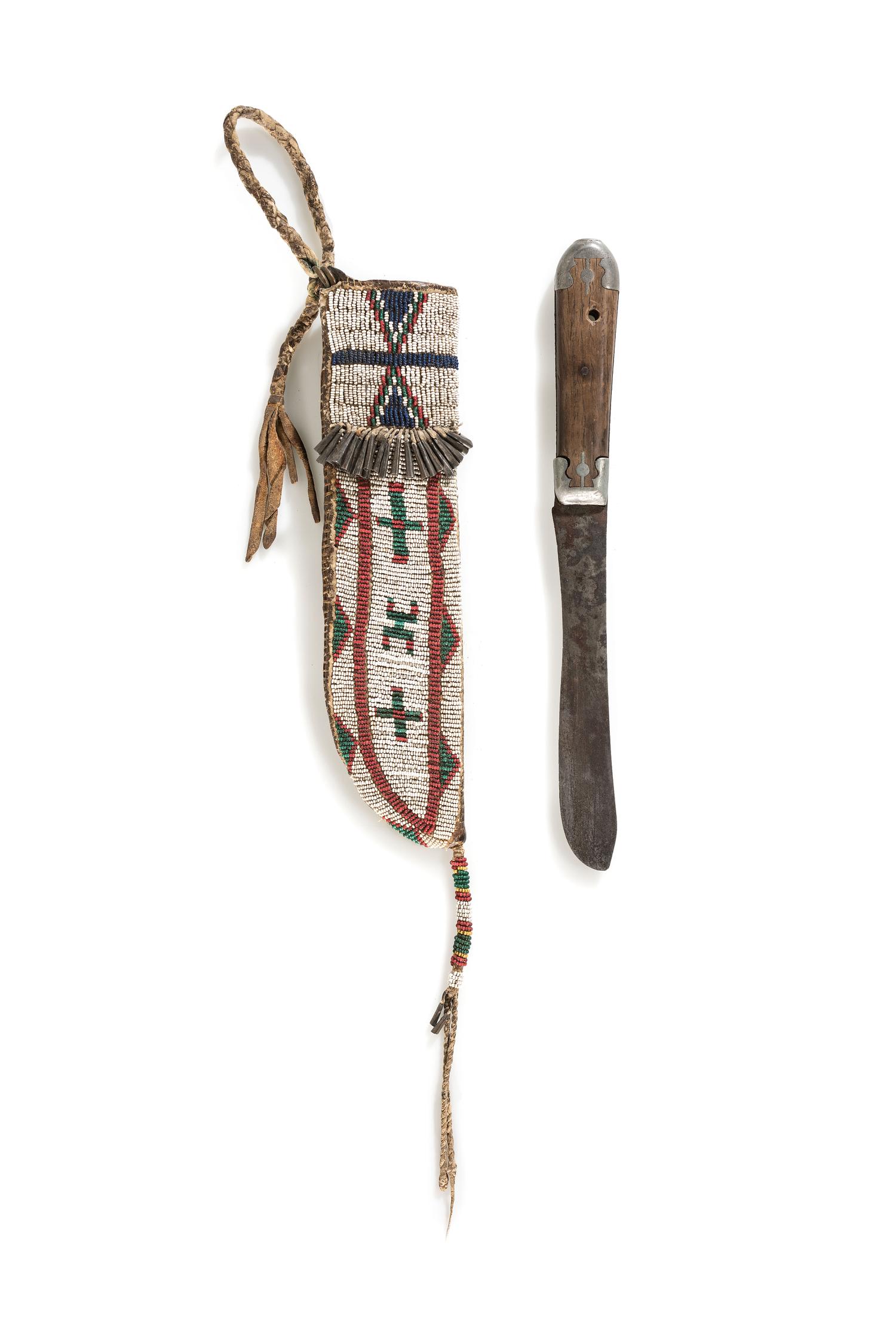 Arapaho Beaded Hide Knife Sheath, with Pewter Inlaid Knife