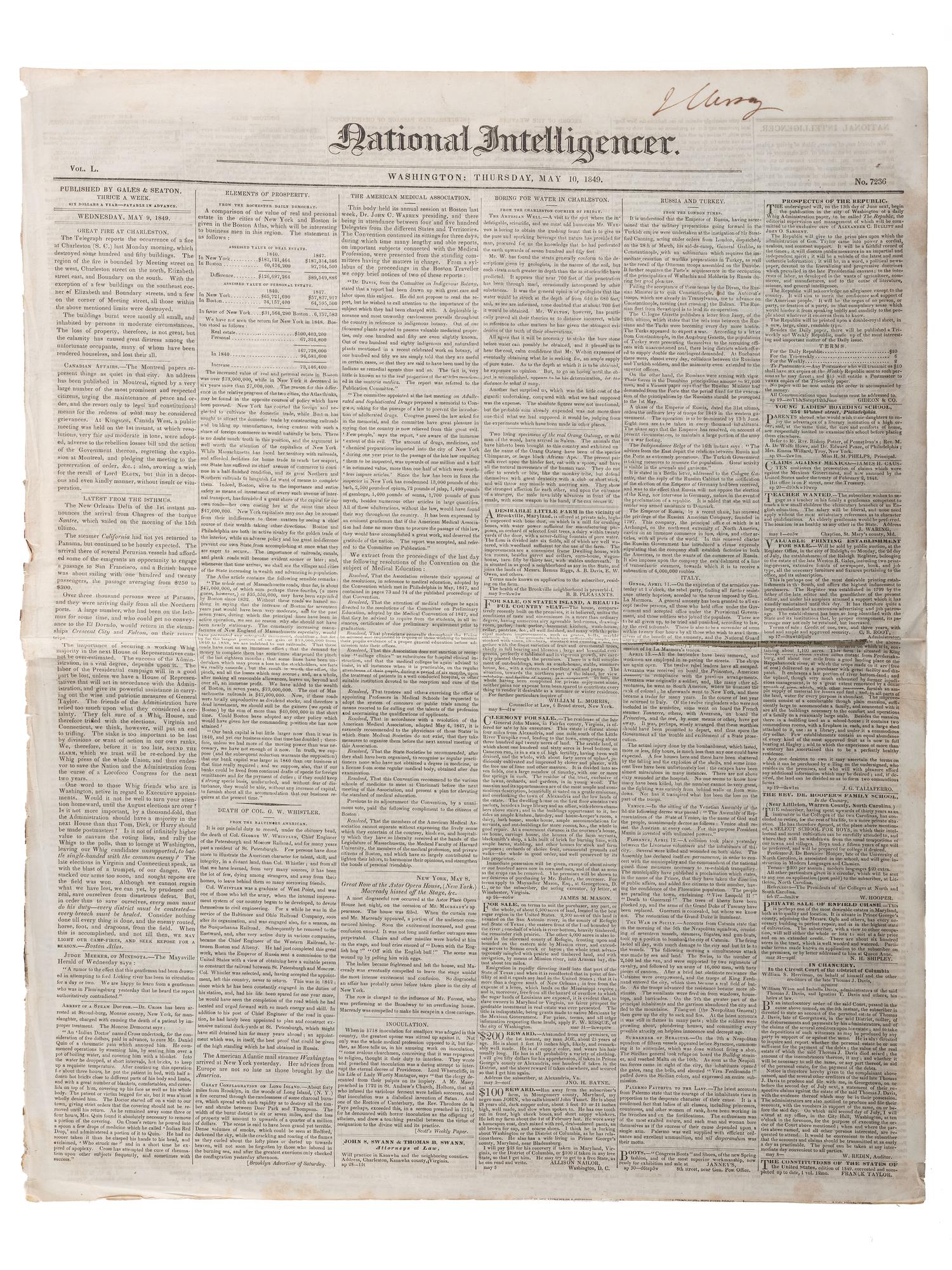[SLAVERY & ABOLITION]. Advertisements for the return of freedom seekers published in 7 issues of The National Intelligencer . Washington, DC: 1831-1858.