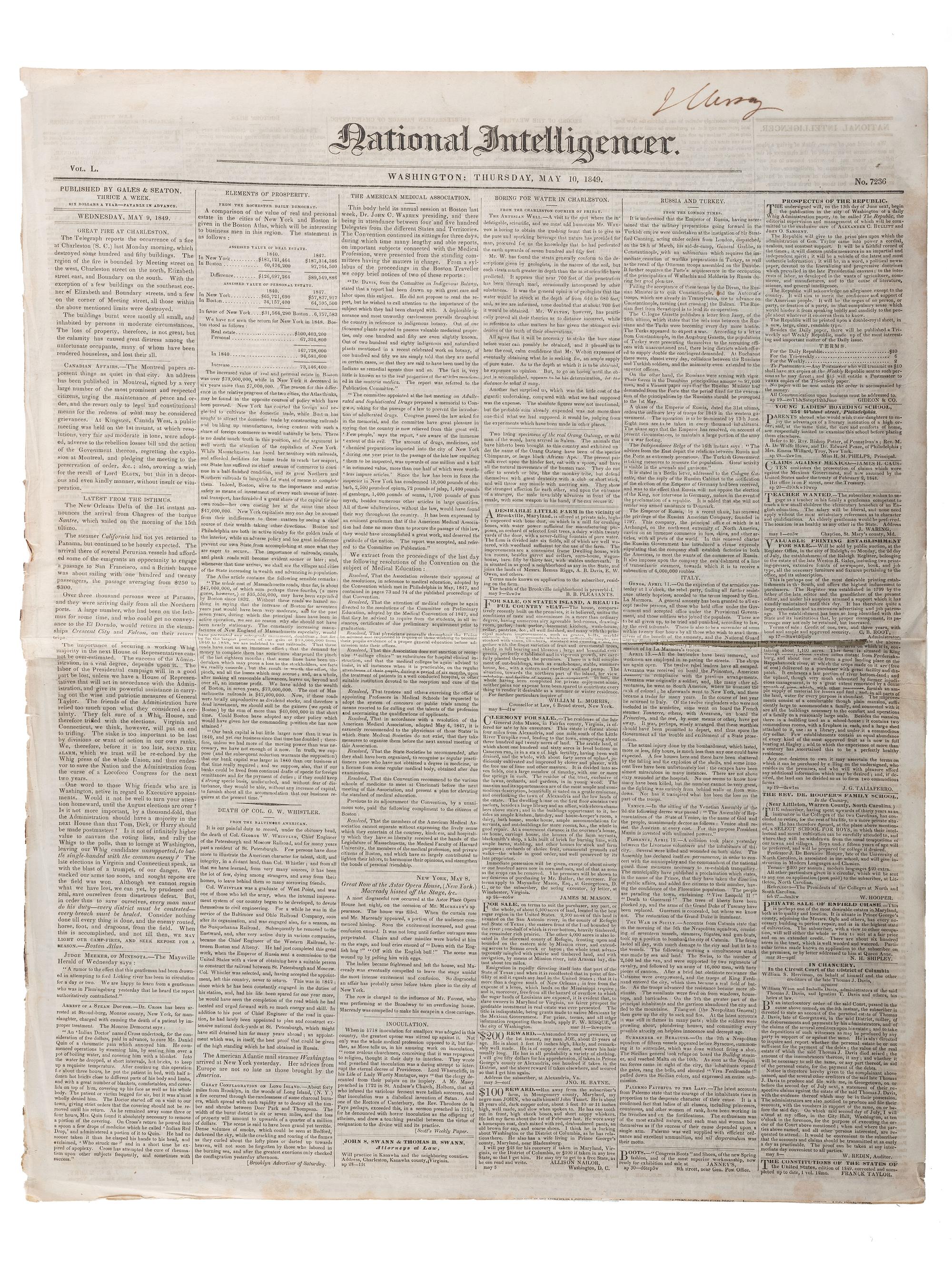 [SLAVERY & ABOLITION]. Advertisements for the return of freedom seekers published in 7 issues of The National Intelligencer . Washington, DC: 1831-1858.
