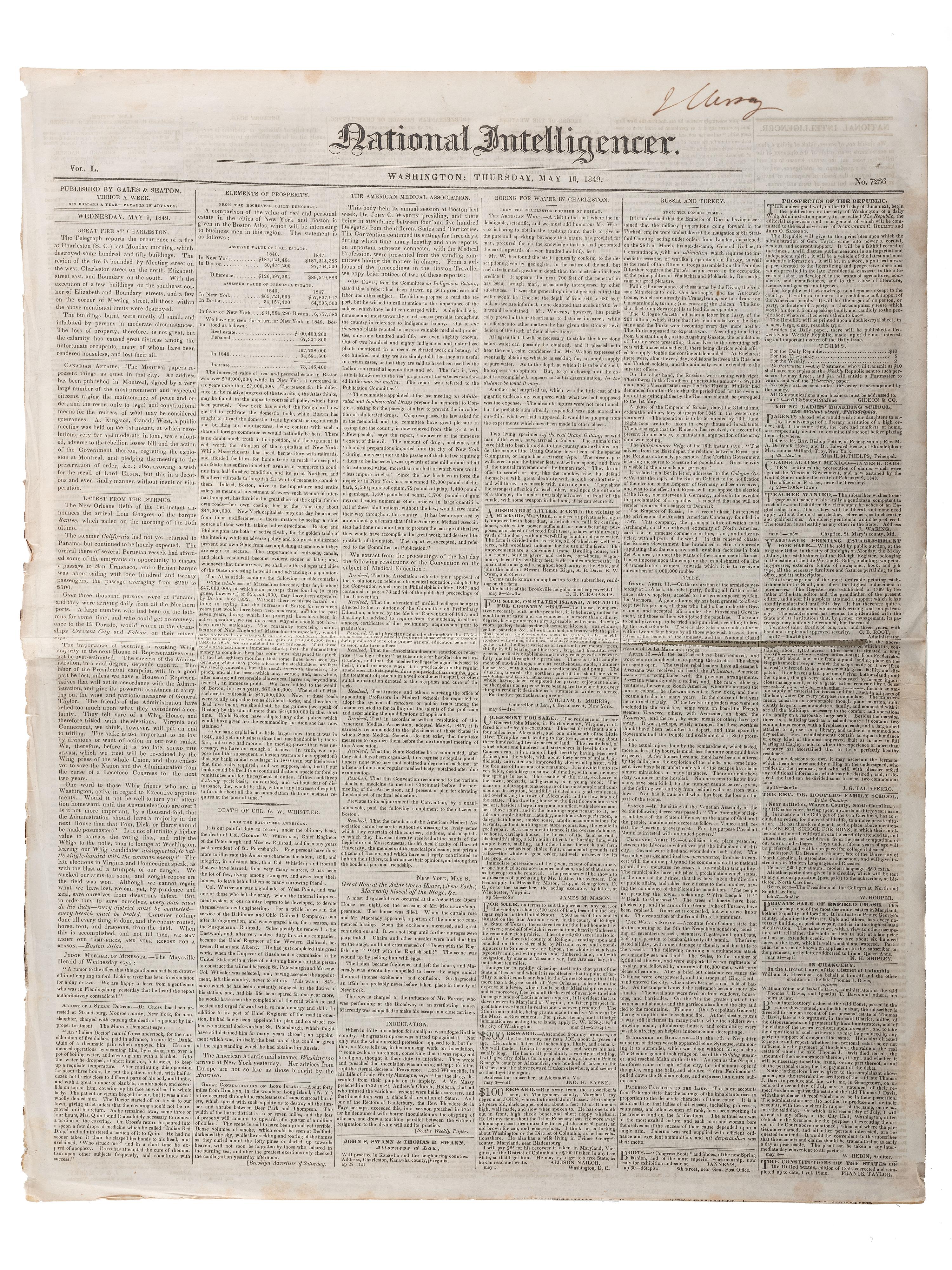 [SLAVERY & ABOLITION]. Advertisements for the return of freedom seekers published in 7 issues of The National Intelligencer . Washington, DC: 1831-1858.