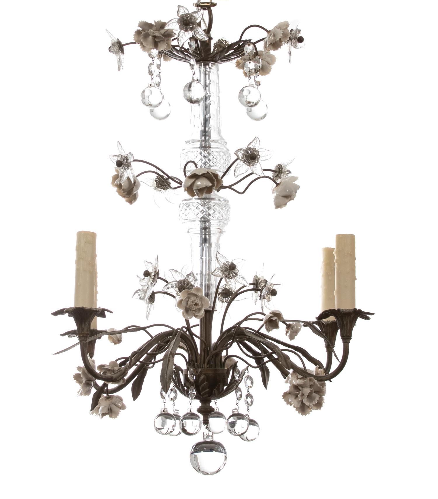A Gilt Metal and Glass Four Light Chandelier with Porcelain Flowers — 20TH CENTURY