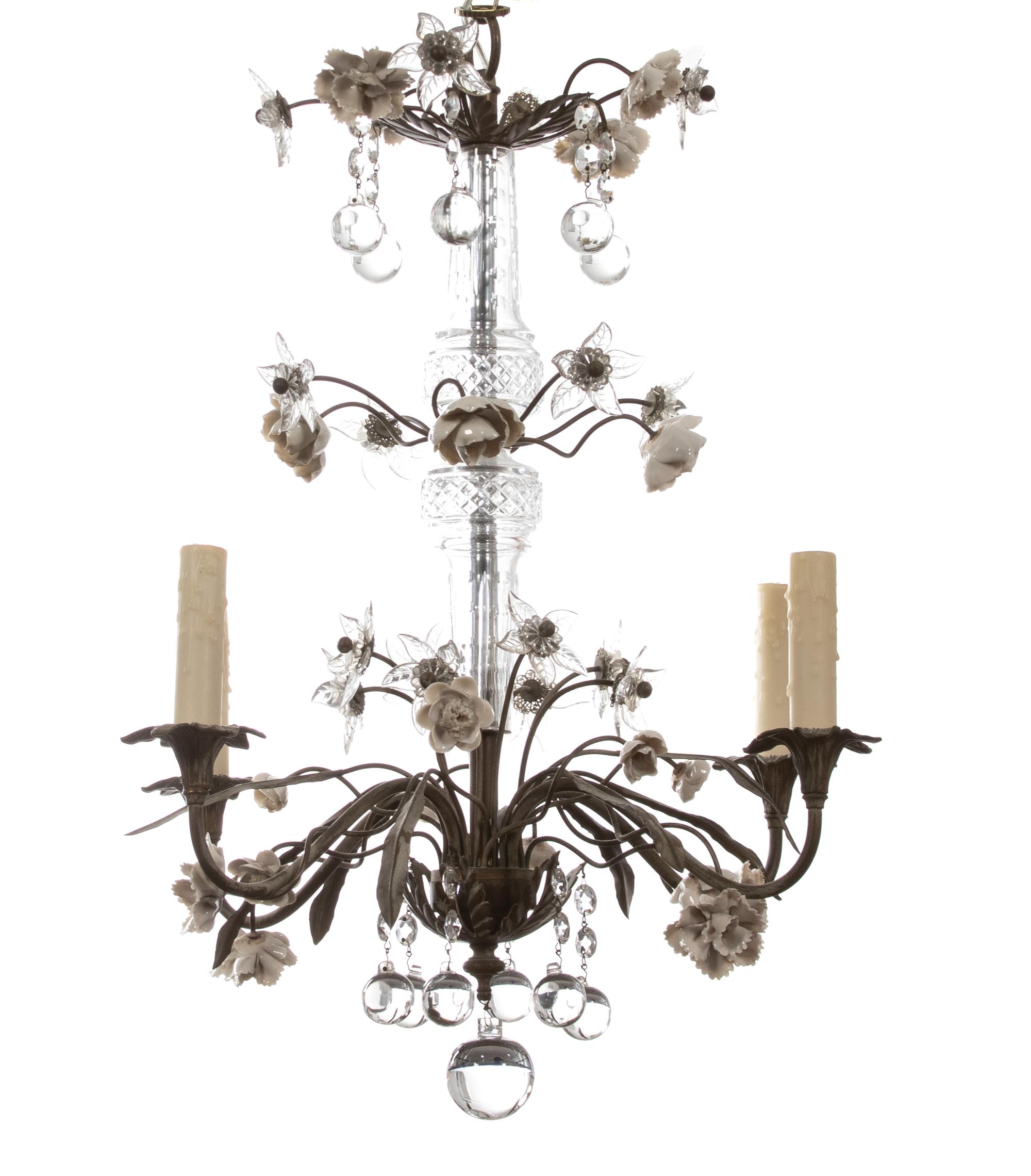 A Gilt Metal and Glass Four Light Chandelier with Porcelain Flowers — 20TH CENTURY