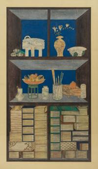 A Pair of Korean Books and Scholars’ Accoutrements (Chaekgeori) Paintings, Joseon Period, 19th Century 十九世紀 朝鮮王朝《冊架圖》兩幅