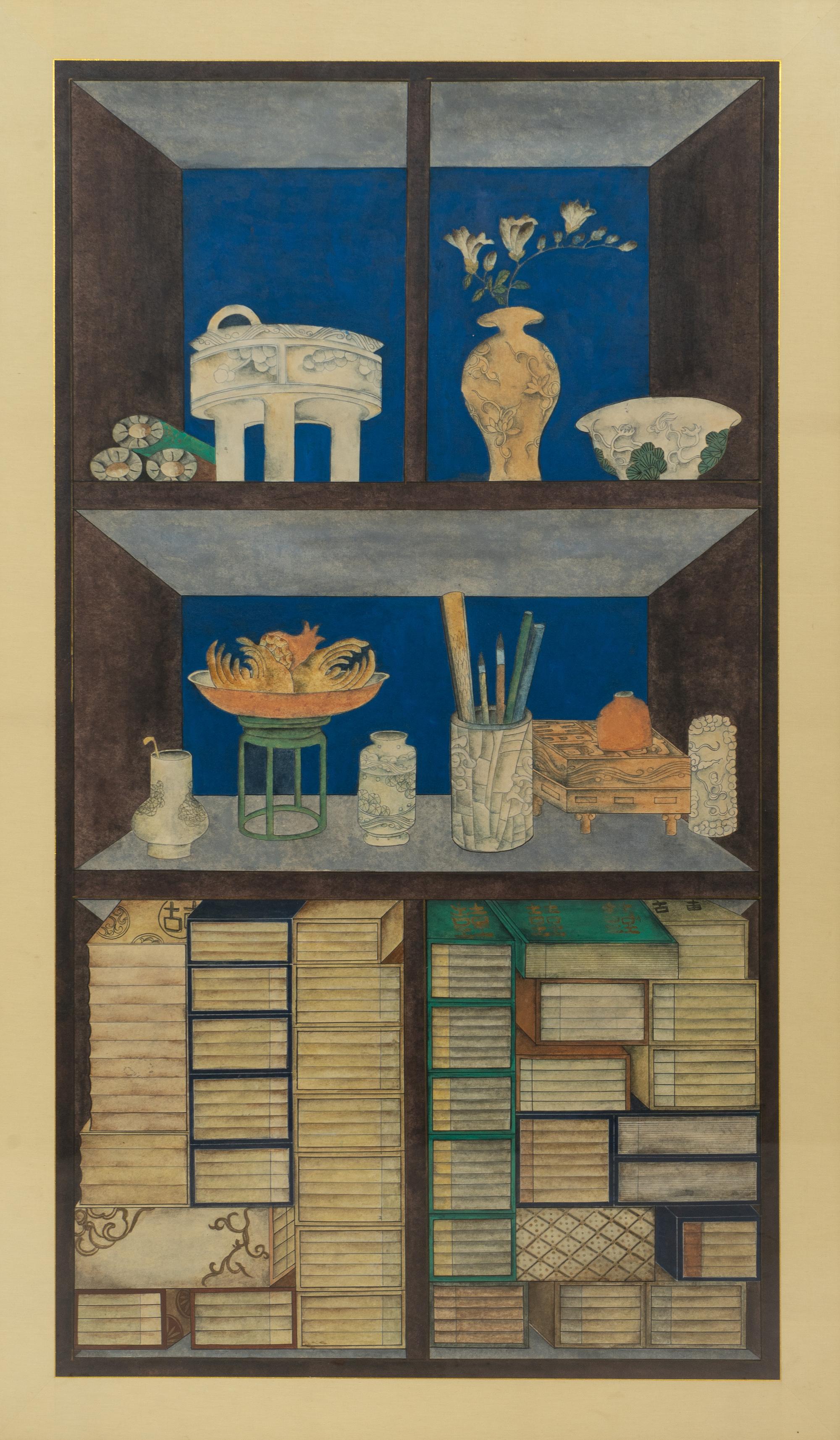 A Pair of Korean Books and Scholars’ Accoutrements (Chaekgeori) Paintings, Joseon Period, 19th Century 十九世紀 朝鮮王朝《冊架圖》兩幅