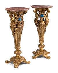 A Pair of Continental Gilt Bronze Marble-Top Figural Pedestals