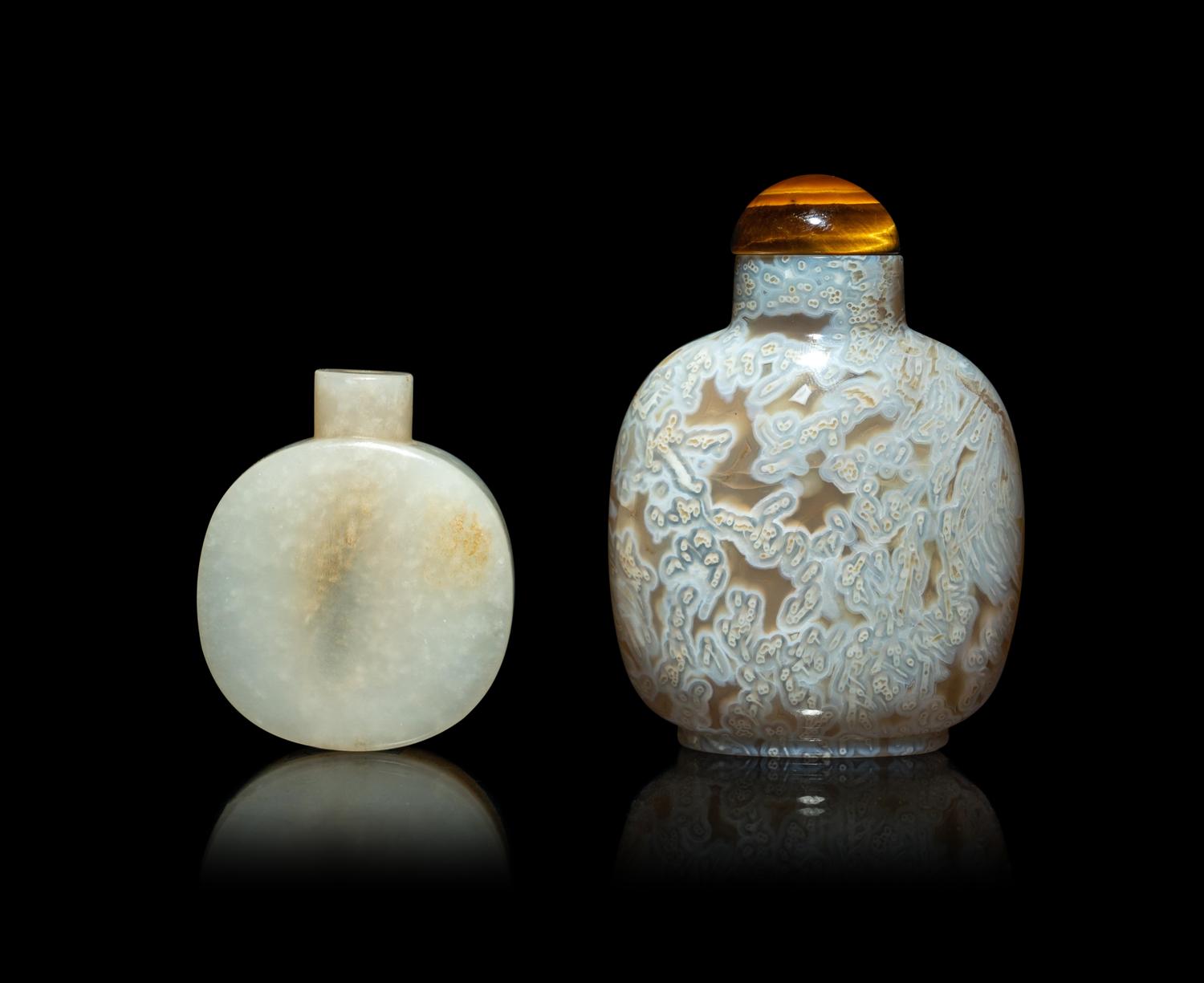 A Chinese White Jade Snuff Bottle and An Agate Stone Snuff Bottle