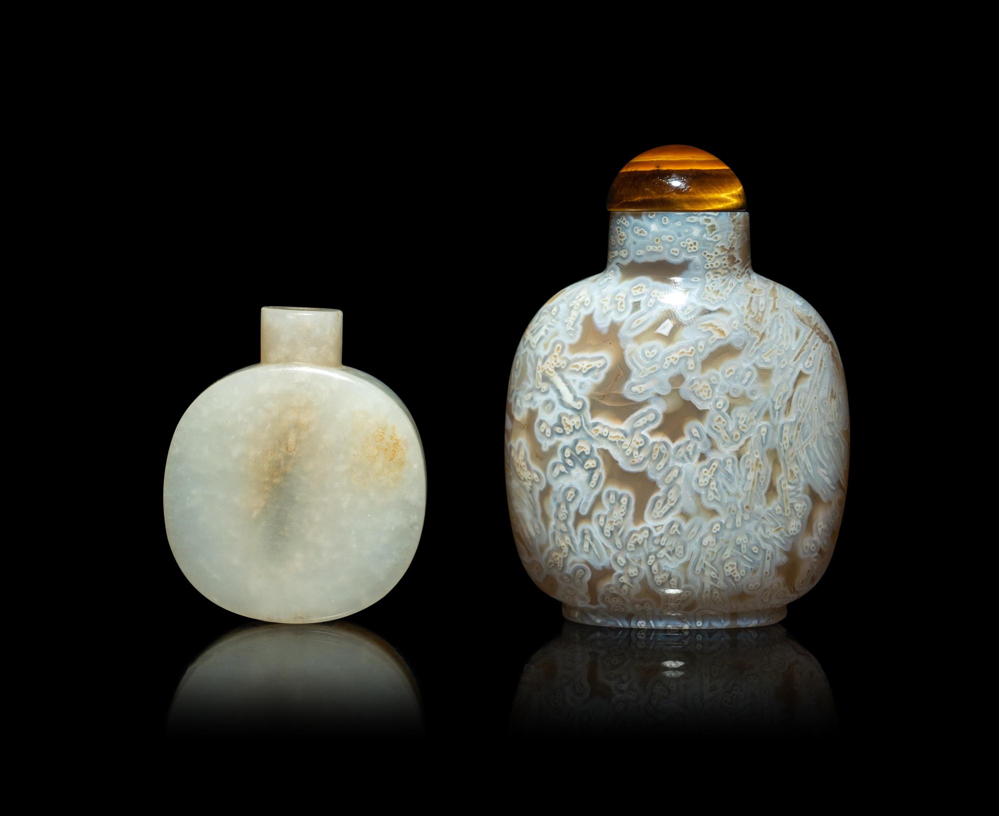 A Chinese White Jade Snuff Bottle and An Agate Stone Snuff Bottle