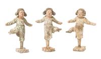 A Set of Three Painted Pottery Figures of Dancers Height of tallest 9 1/4 inches. — TANG DYNASTY