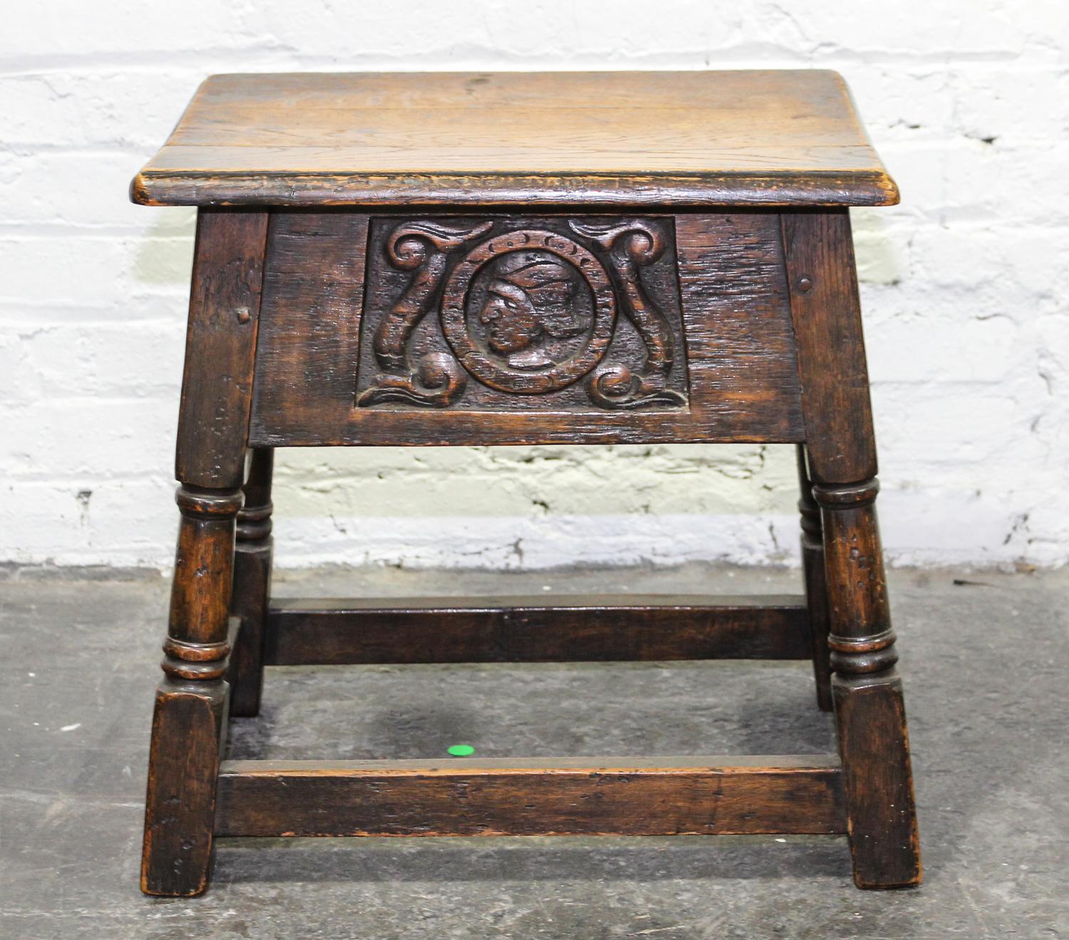 A Jacobean Revival Oak Stool Height 19 1/4 x width 20 x depth 13 1/2 inches. — 19TH/20TH CENTURY