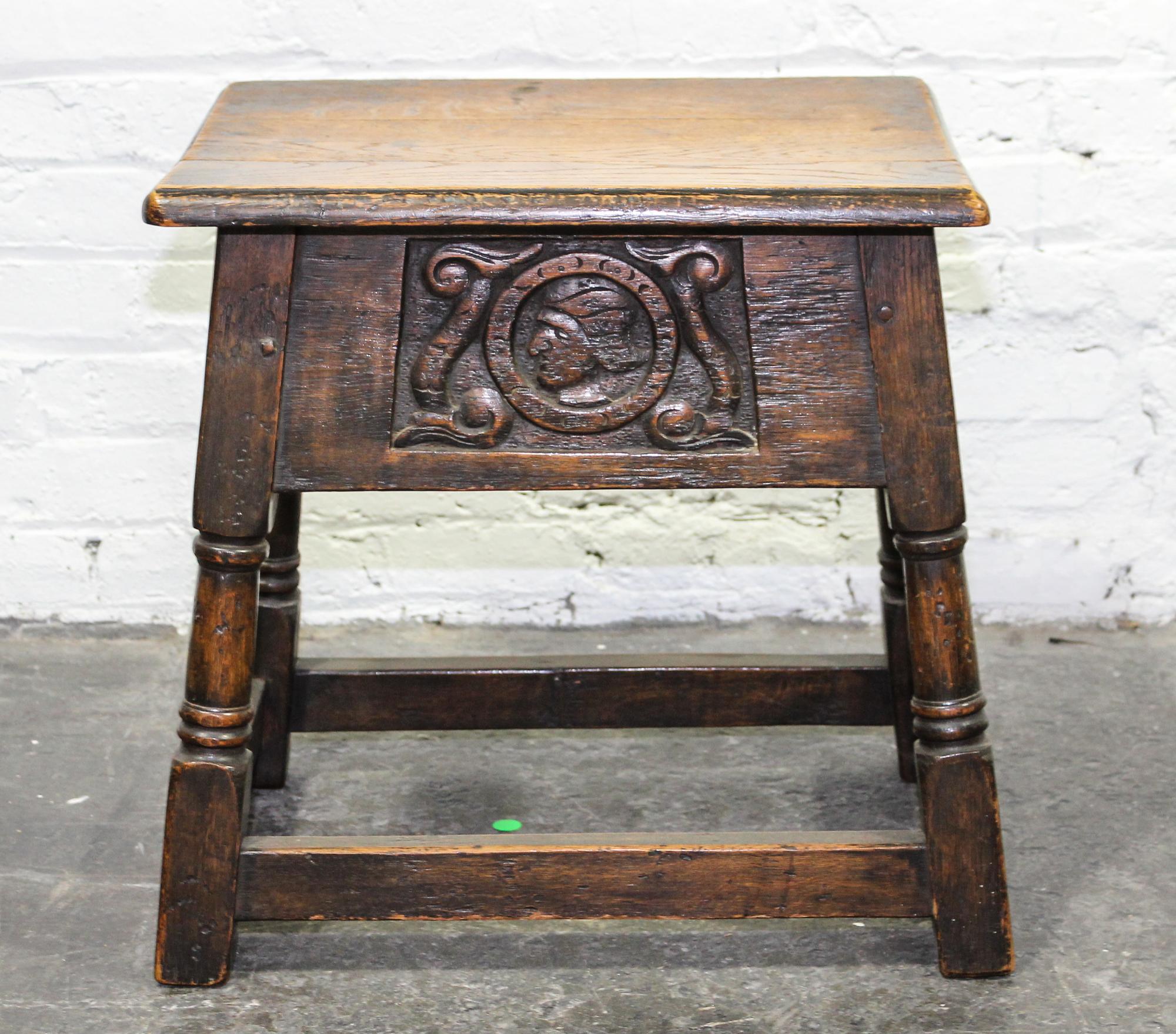 A Jacobean Revival Oak Stool Height 19 1/4 x width 20 x depth 13 1/2 inches. — 19TH/20TH CENTURY