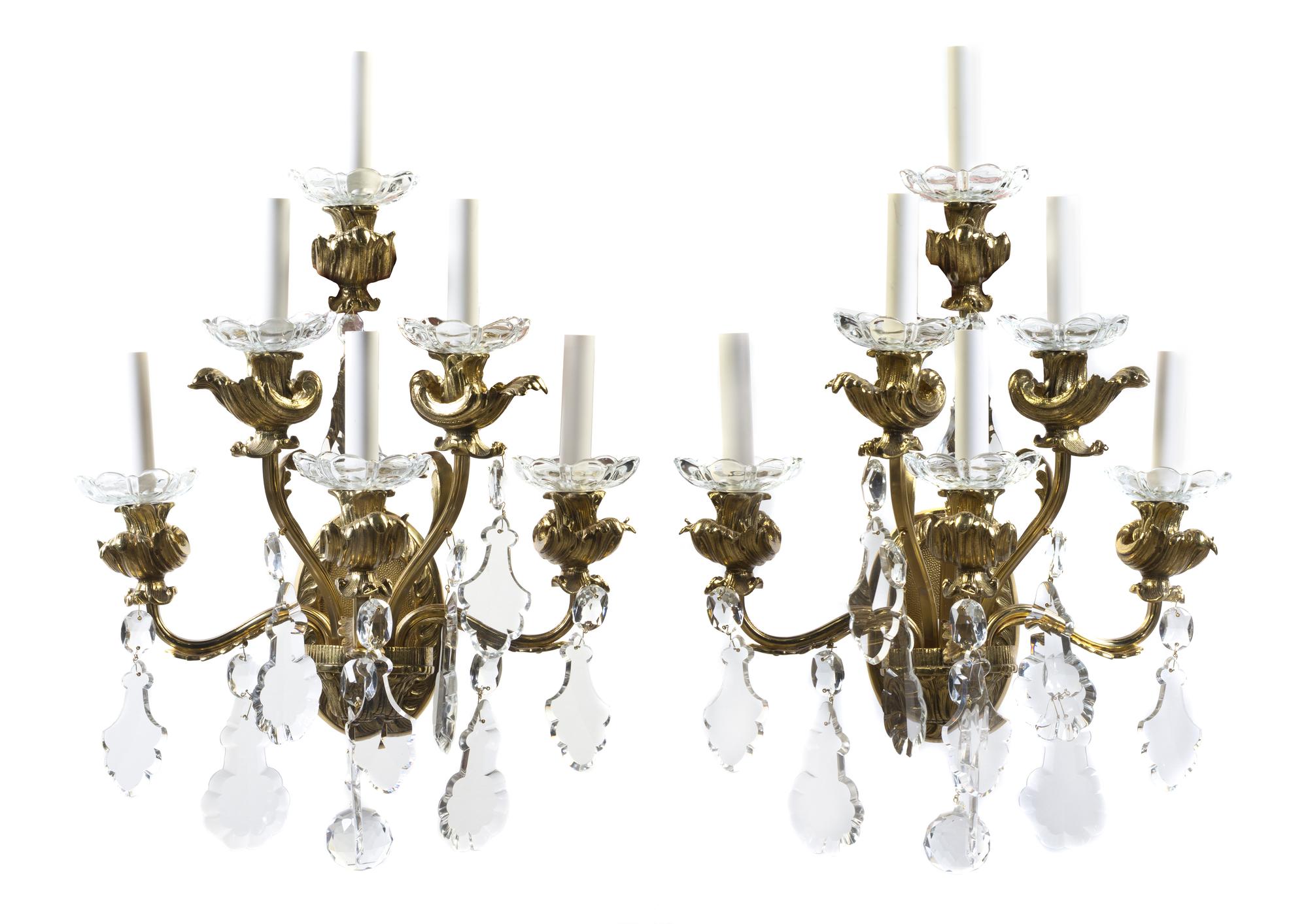 A Pair of American Brass Six-Light Wall Sconces, New Metal Craft, Height of frame 20 inches.