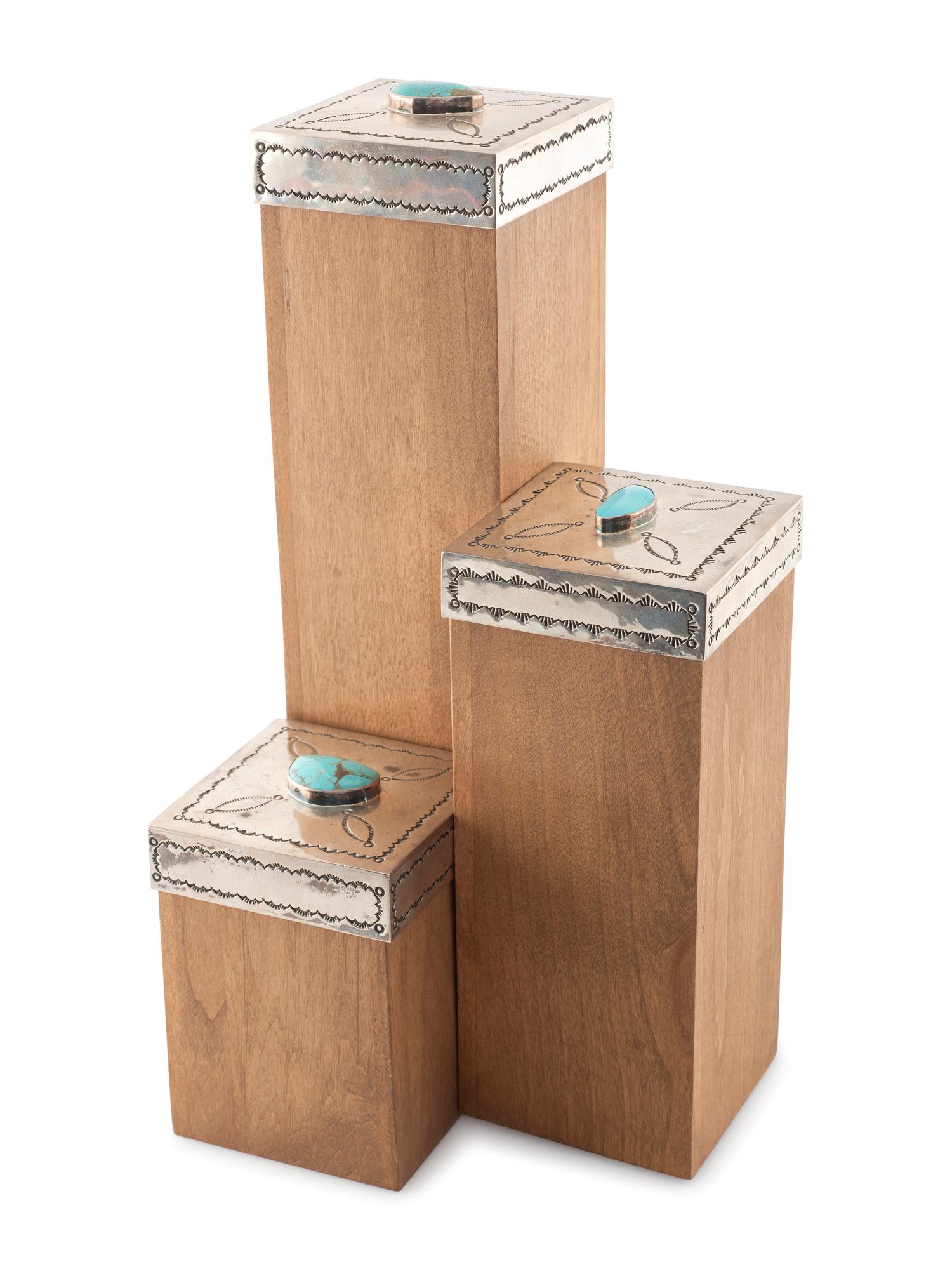 Stepped Wooden Sculptures, with Stamped Sterling Silver and Turquoise Lids
