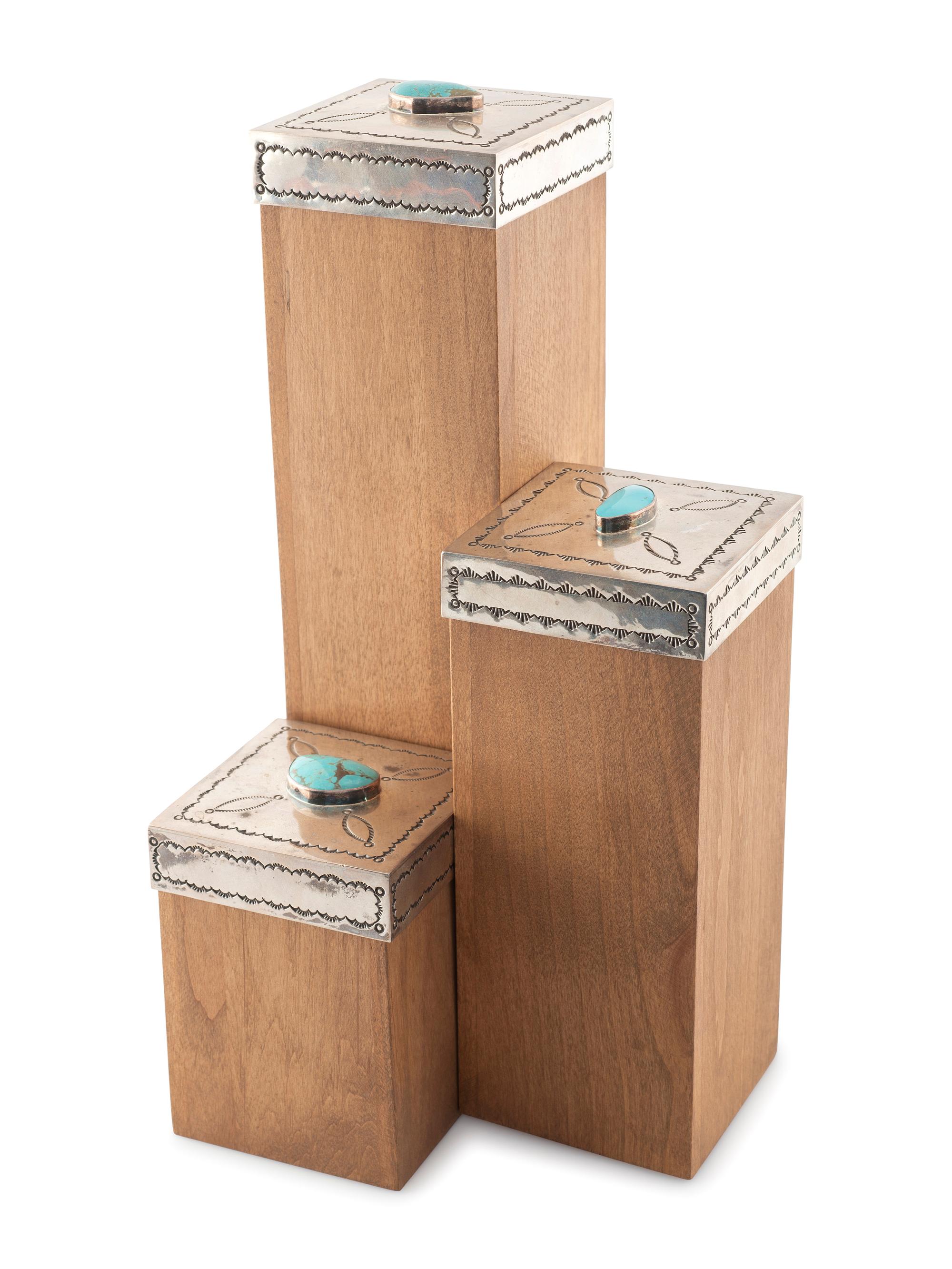 Stepped Wooden Sculptures, with Stamped Sterling Silver and Turquoise Lids