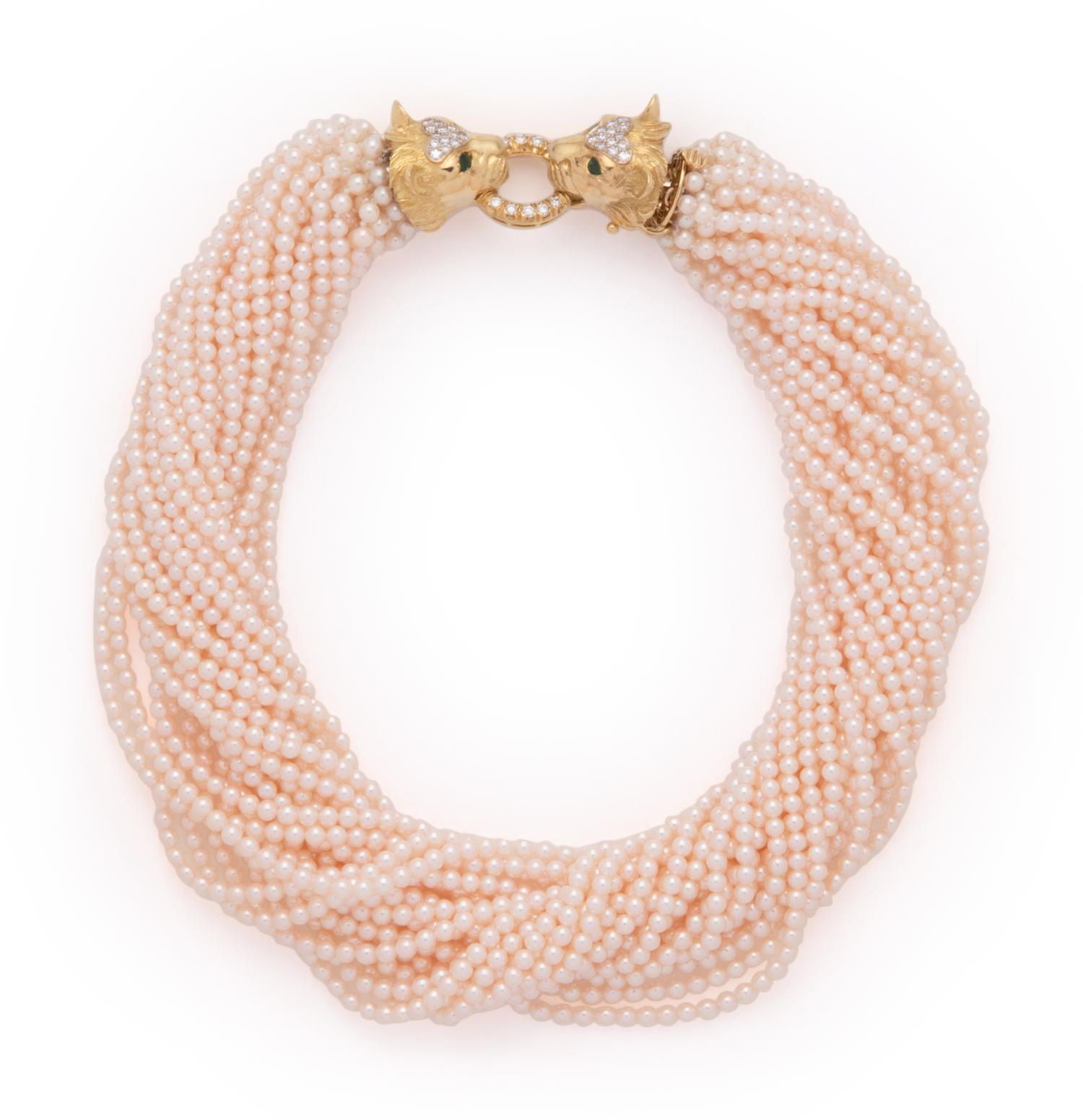 YELLOW GOLD, CULTURED PEARL AND DIAMOND TORSADE NECKLACE