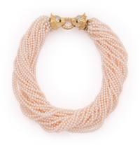YELLOW GOLD, CULTURED PEARL AND DIAMOND TORSADE NECKLACE