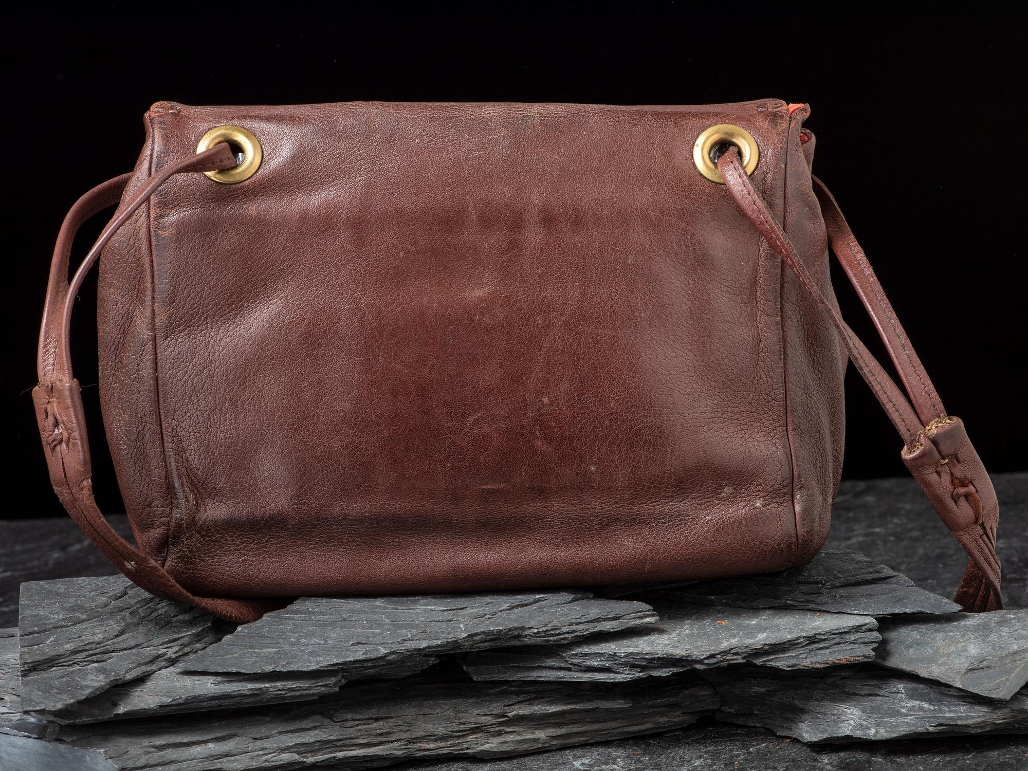 Brown Leather Drawstring Purse, with Sandcass Brass Ketoh Element