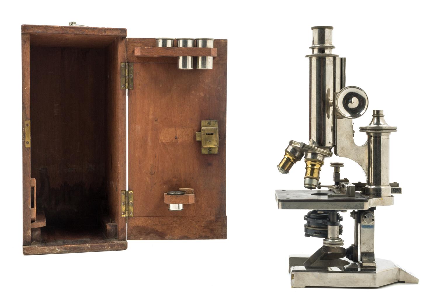 An English Nickel-Plated Microscope Height of case 13 inches. — R&J BECK LTD., LONDON, EARLY 20TH CENTURY