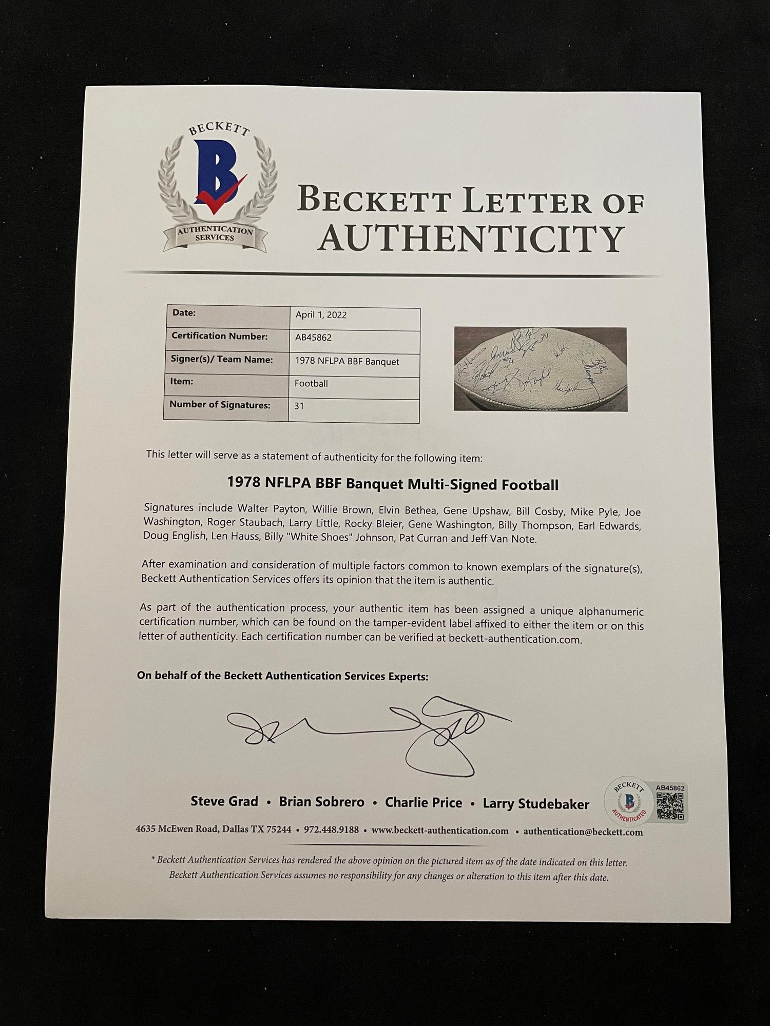 A Vintage 1978 NFLPA Banquet Multi Signed (31 Signatures) Autograph Football Including Walter Payton and Roger Staubach Period Signatures (Beckett Authentication Services Letter BAS Certified),