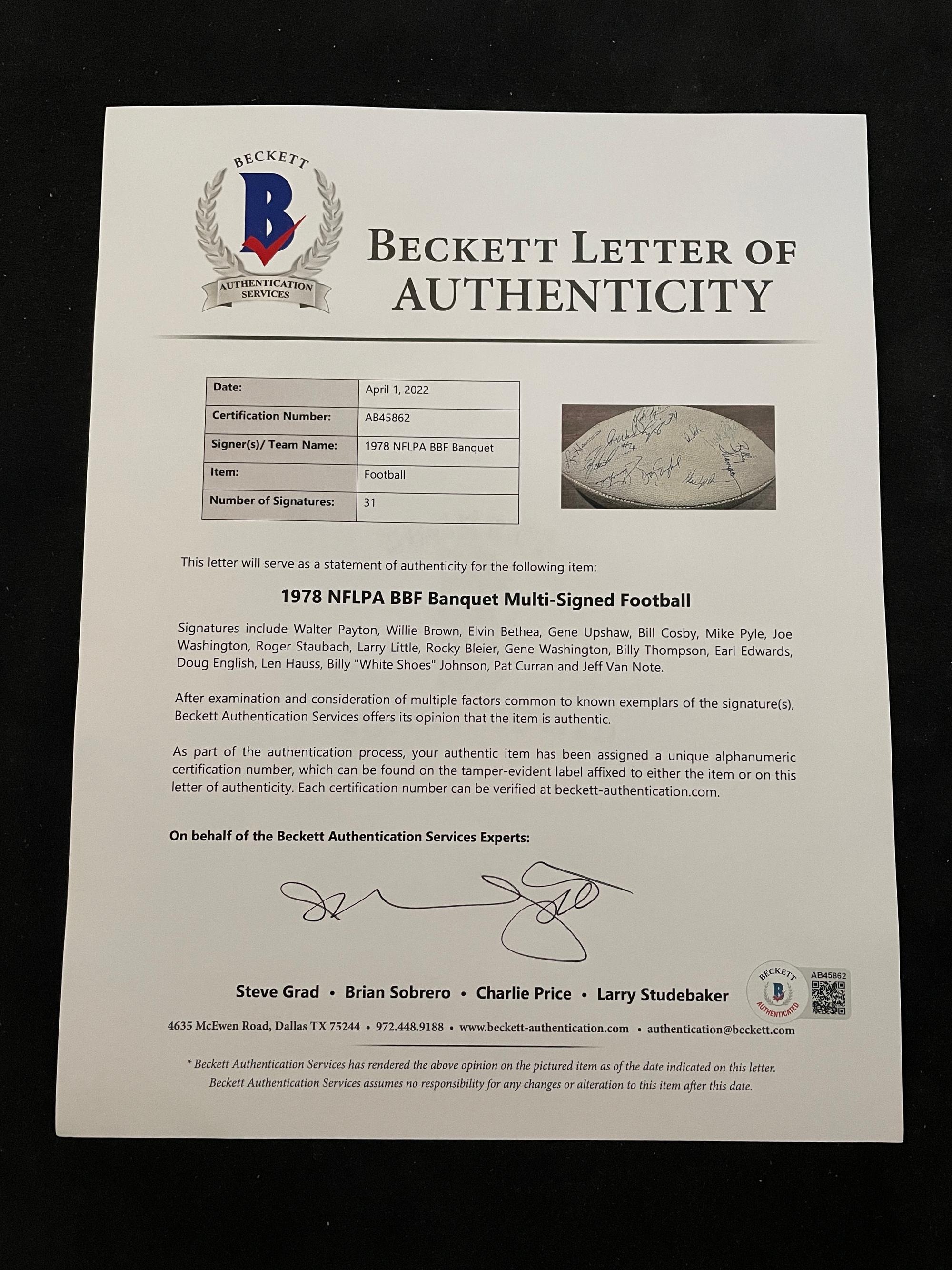 A Vintage 1978 NFLPA Banquet Multi Signed (31 Signatures) Autograph Football Including Walter Payton and Roger Staubach Period Signatures (Beckett Authentication Services Letter BAS Certified),
