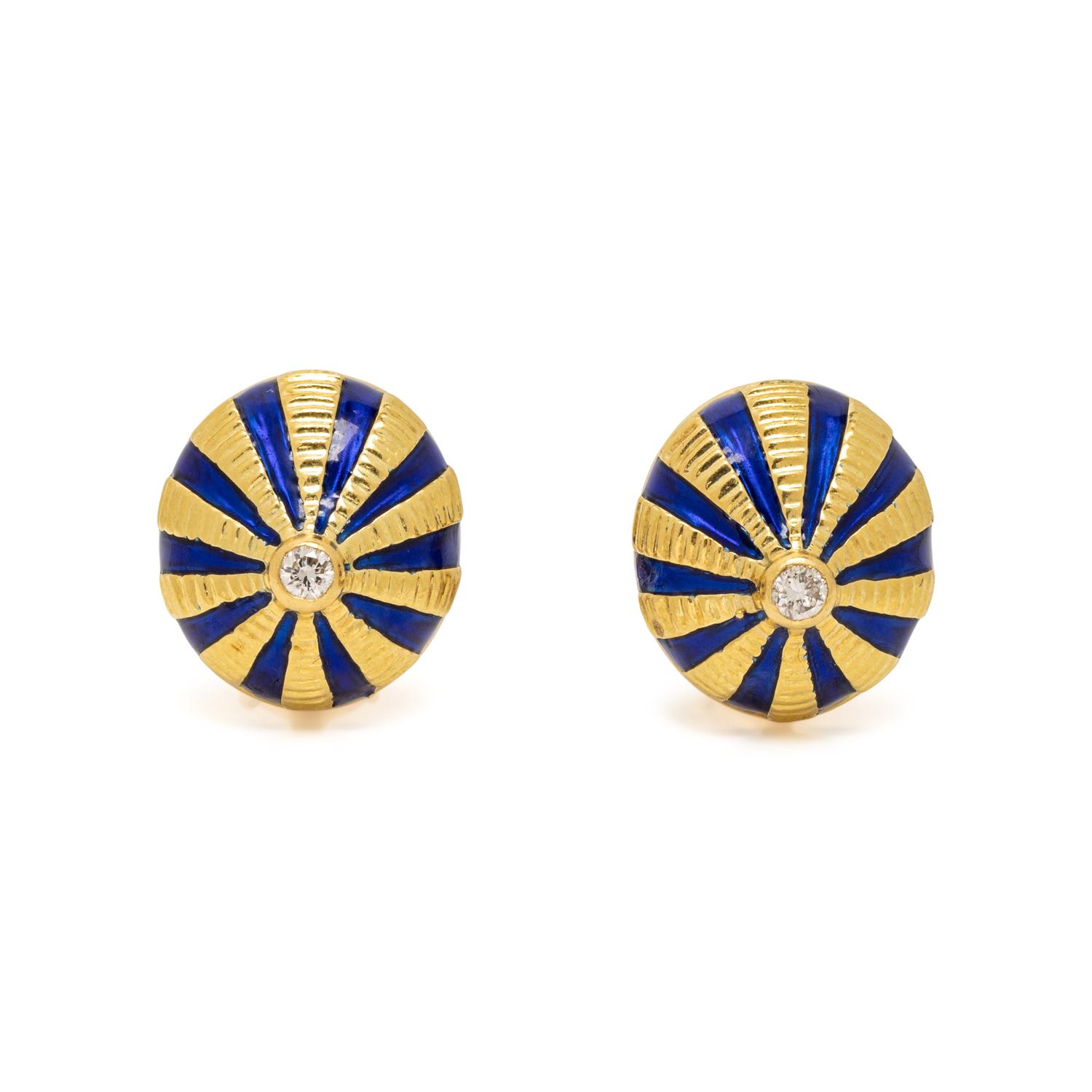 YELLOW GOLD, DIAMOND, AND BLUE ENAMEL EARRINGS