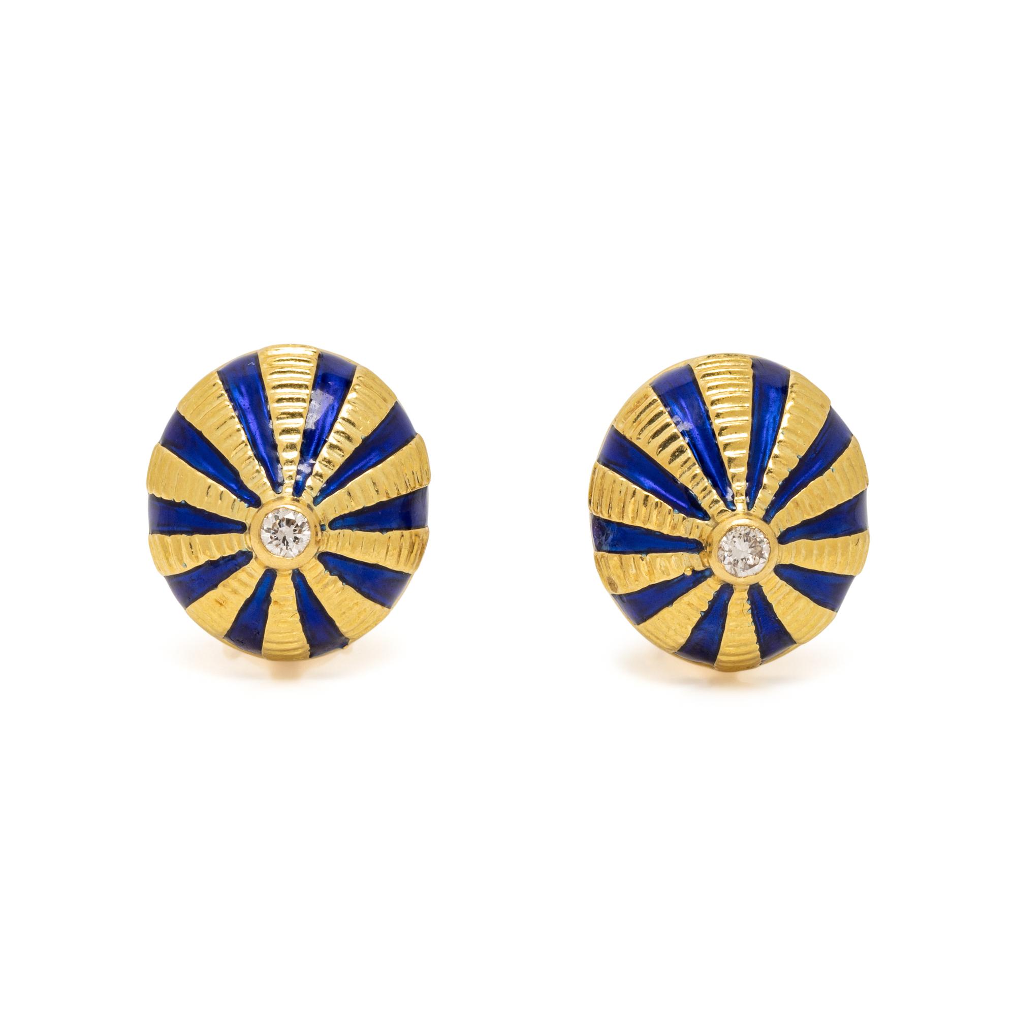 YELLOW GOLD, DIAMOND, AND BLUE ENAMEL EARRINGS