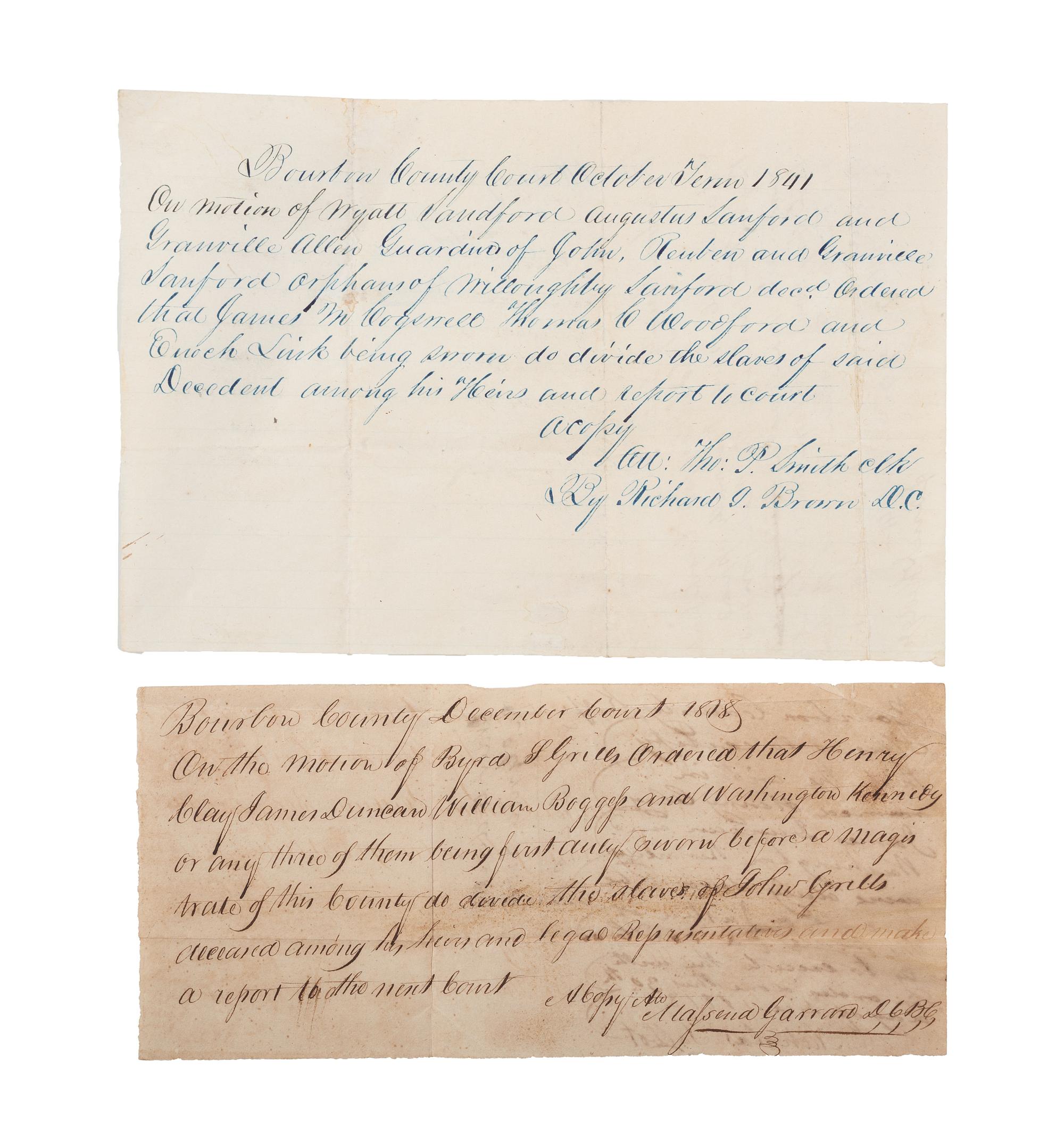 [SLAVERY & ABOLITION]. A group of 9 documents related to the enslavement of individuals in Bourbon County, Kentucky, incl. estate appraisement of a horse breeder who enslaved six people.