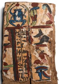 An Egyptian Painted Wood Sarcophagus Fragment with a Scarab