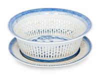 A Canton Blue and White Porcelain Reticulated Basket and Underplate