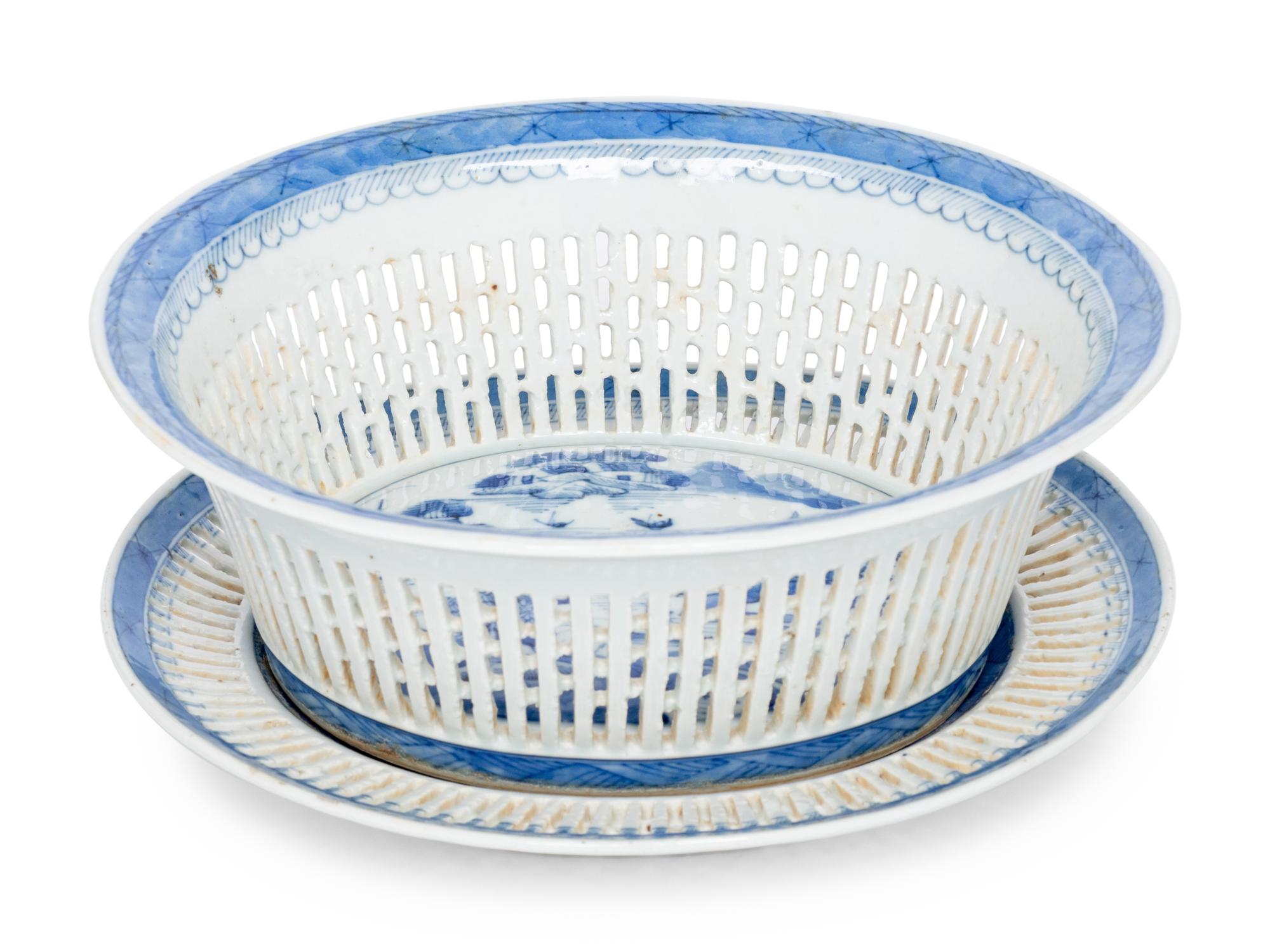 A Canton Blue and White Porcelain Reticulated Basket and Underplate